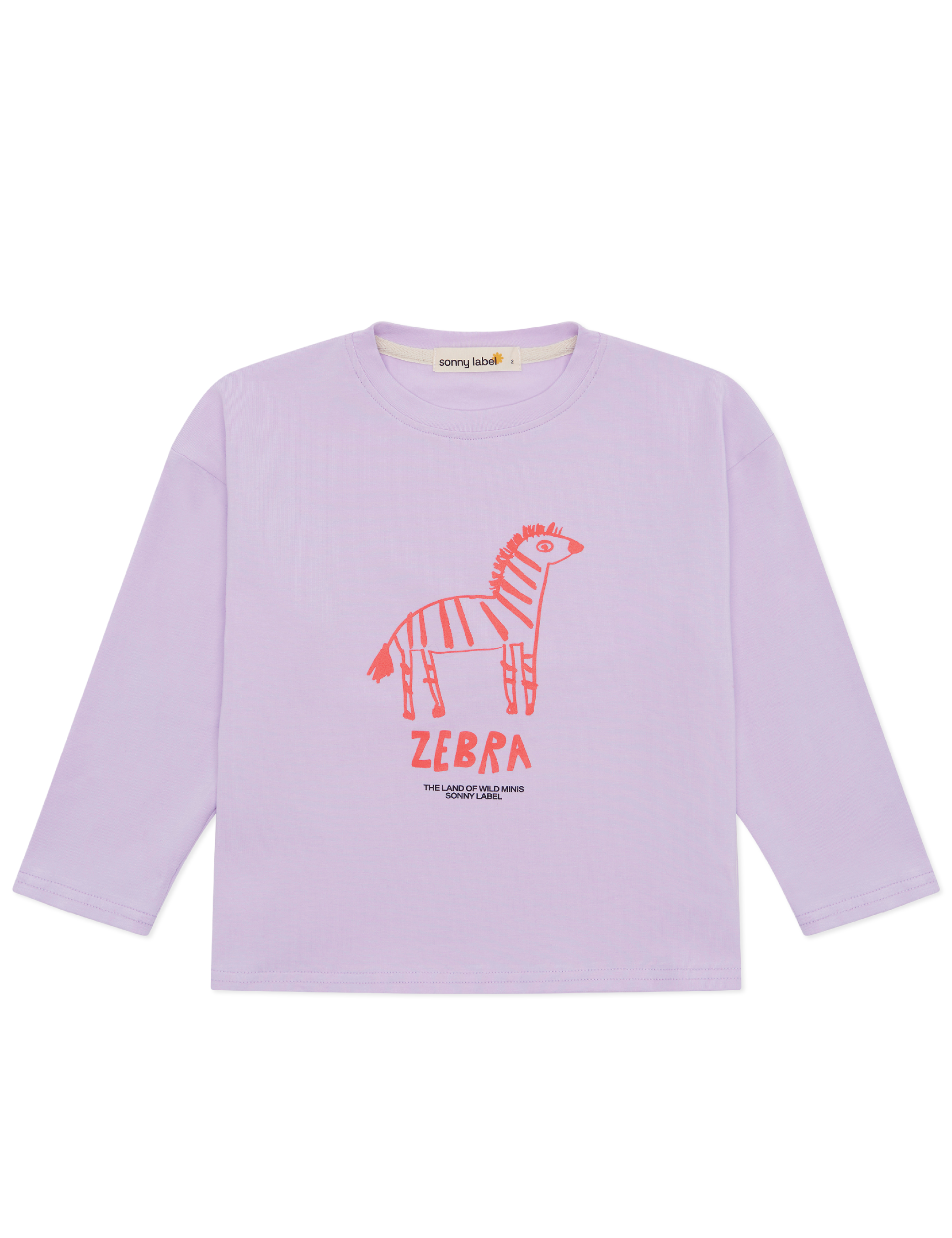 SONNY LABEL Sonny Label - Animal Long Tee Lilac: a children’s light purple cotton-spandex long sleeve tee featuring a red zebra line drawing and "ZEBRA" printed beneath.