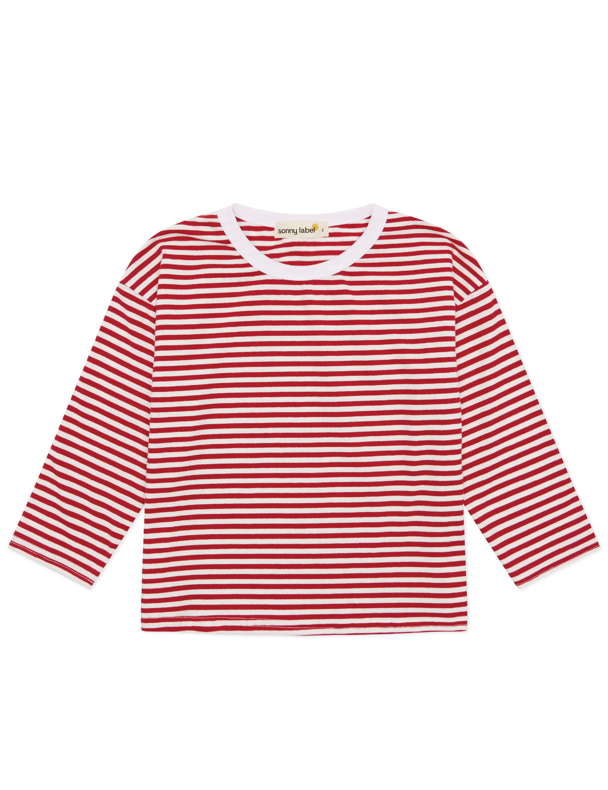 The SONNY LABEL "Sonny Label - Striped Long Tee" is a super soft cotton shirt with red stripes and a solid white crew neckline, shown laid flat on a white background.