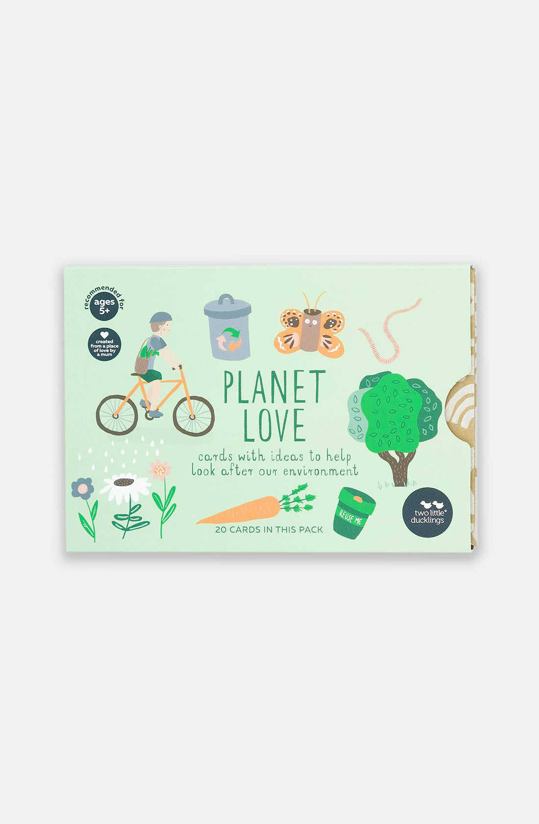 A green deck of cards titled "Planet Love" by TWO LITTLE DUCKLINGS, featuring illustrations of a person on a bike, a recycling bin, a butterfly, trees, flowers, and a bird's nest. The text on the cards states "cards with ideas to help look after our environment" and "20 cards in this pack." These environmental education cards are suitable for ages 3 and up.