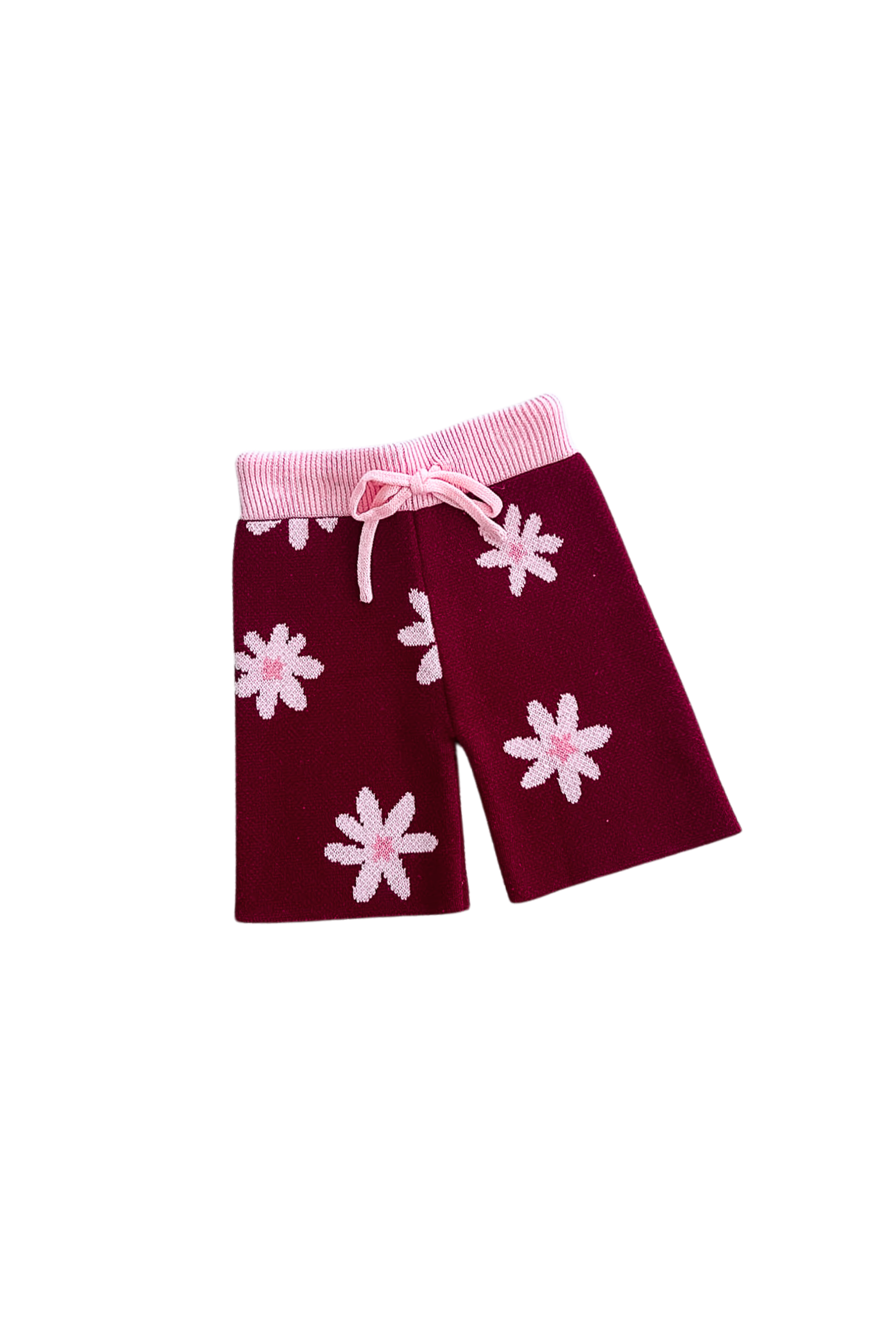 The Ziggy Lou - Cropped Pants Lola by ZIGGY LOU feature a burgundy knit, pink waistband and drawstring, and are decorated with large pink signature Lola floral patterns.
