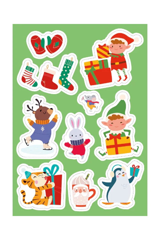 The "Stickers and Activities Book Christmas" by SASSI features vibrant stickers on a green background, showcasing Christmas traditions with holiday-themed characters like mittens, socks, an elf carrying gifts, a skating reindeer, and more. A joyful page also presents delightful additions including a bunny in a scarf, a tiger holding a present, hot chocolate, a penguin, and a bird delivering a letter.