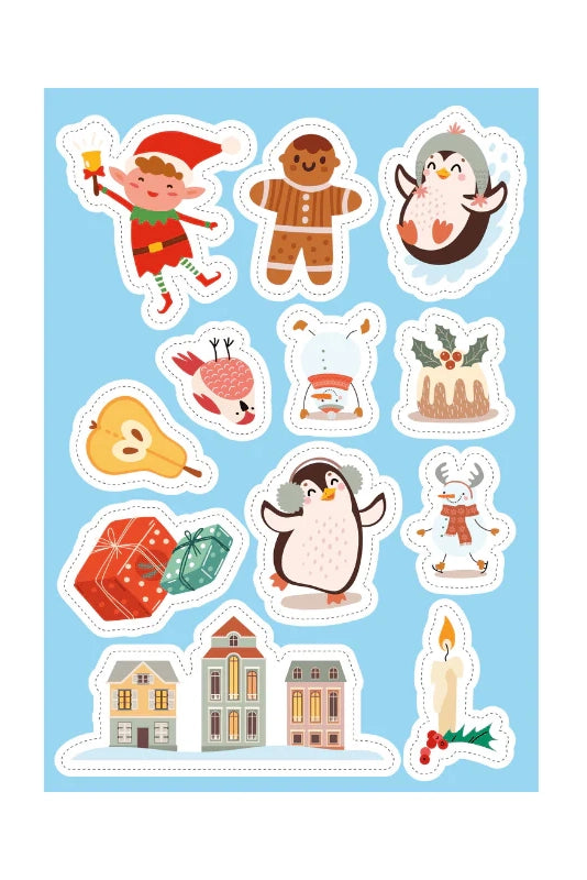 The SASSI Stickers and Activities Book Christmas beautifully captures the festive spirit with its illustrated stickers on a blue background. Featuring delightful characters like an elf, a gingerbread person, penguins, a pear, a candle, presents, a reindeer, a cake, and decorated houses—it's the perfect way to celebrate cherished Christmas traditions.