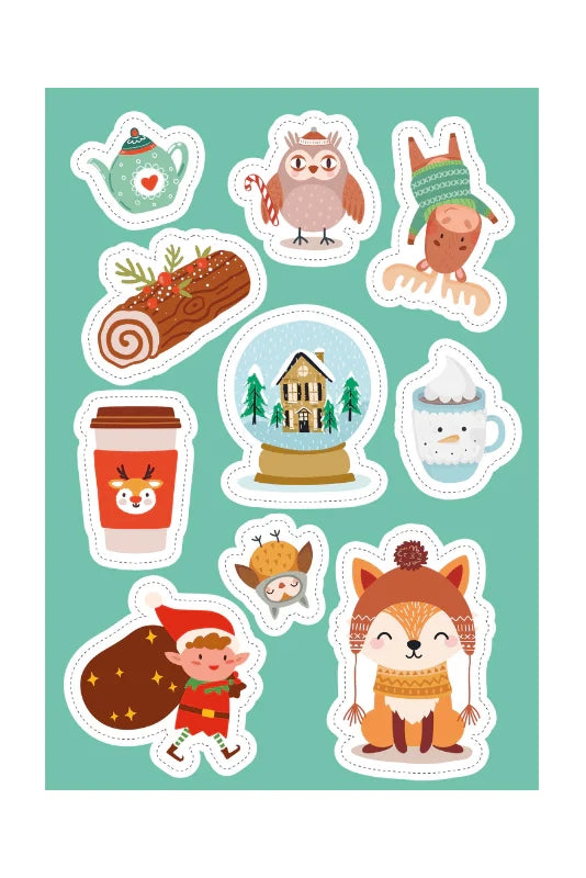 The "Stickers and Activities Book Christmas" by SASSI features illustrated stickers on a green background, showcasing whimsical designs of a teapot, owls, a yule log, hot drinks, an elf with a sack, and a fox in a scarf. These festive pages beautifully capture the essence of Christmas traditions in one delightful scene.