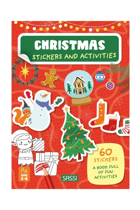 The cover of the SASSI "Stickers and Activities Book Christmas" for ages 3-6 is filled with festive pages, featuring playful illustrations of a snowman, squirrel, and Christmas tree. The text announces "Christmas Stickers and Activities," "60 Stickers," and "A Book Full of Fun Activities," offering a delightful mix of joy and tradition.