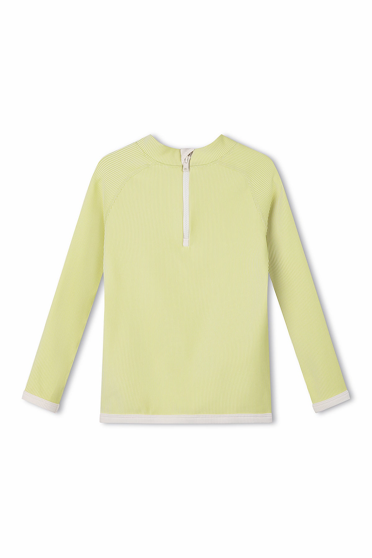 The PRE-ORDER Mini Stripe Rashie Citrus by ZULU & ZEPHYR is a light green, long-sleeved children's top featuring a white zipper at the back. Its design includes white cuffs on the sleeves and hem with a subtle ribbed texture throughout the fabric. Made from recycled materials, this top combines eco-friendliness with style.