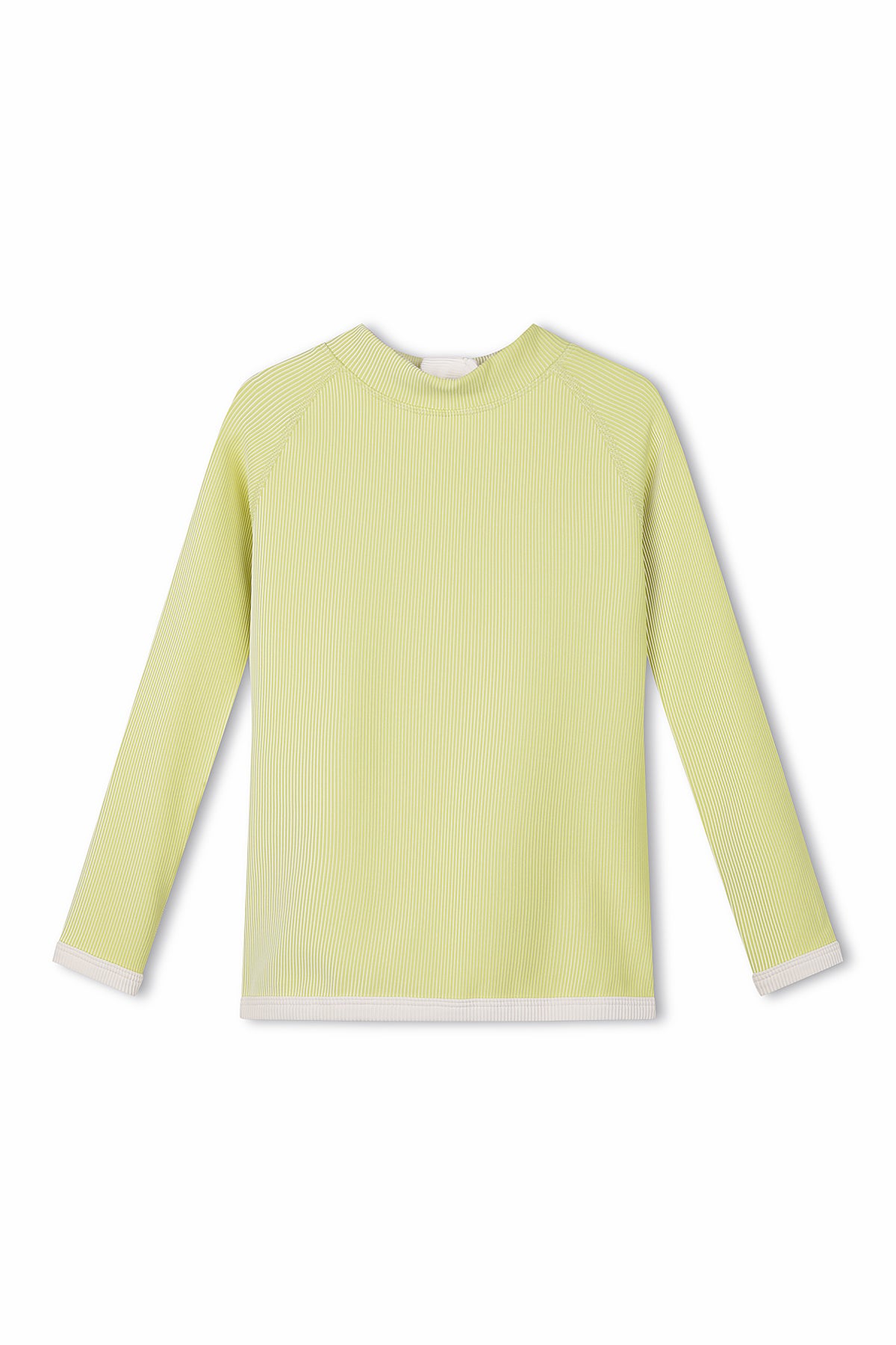 The PRE-ORDER Mini Stripe Rashie Citrus by ZULU & ZEPHYR is a long-sleeve, ribbed knit top in light green with white trim at the wrist cuffs and hem. This simple design features a round neckline and a relaxed fit, crafted from recycled materials.