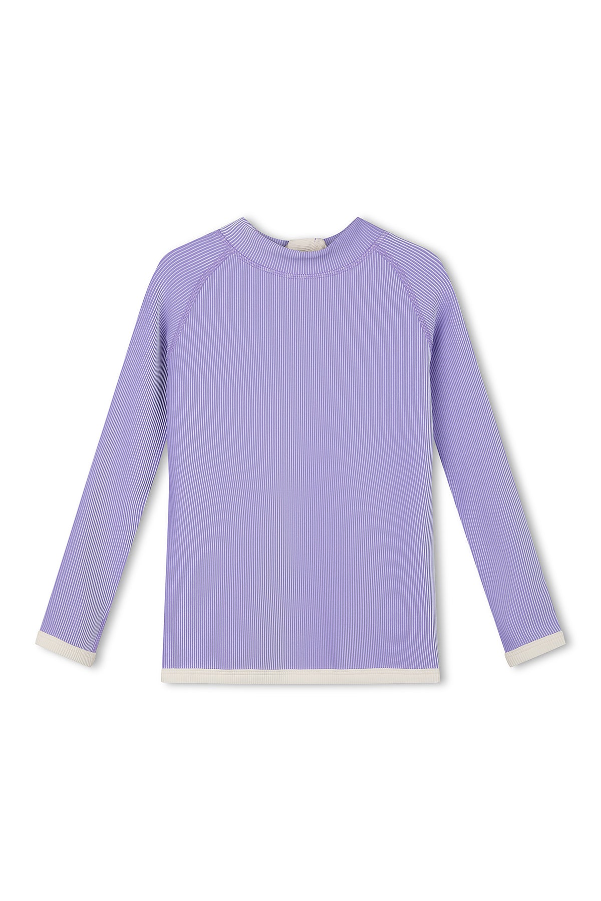 A long-sleeved, round-neck "PRE-ORDER Mini Stripe Rashie Grape" shirt by ZULU & ZEPHYR, showcasing white cuffs and a subtle vertical striped pattern on its recycled material fabric, is displayed against a white background.