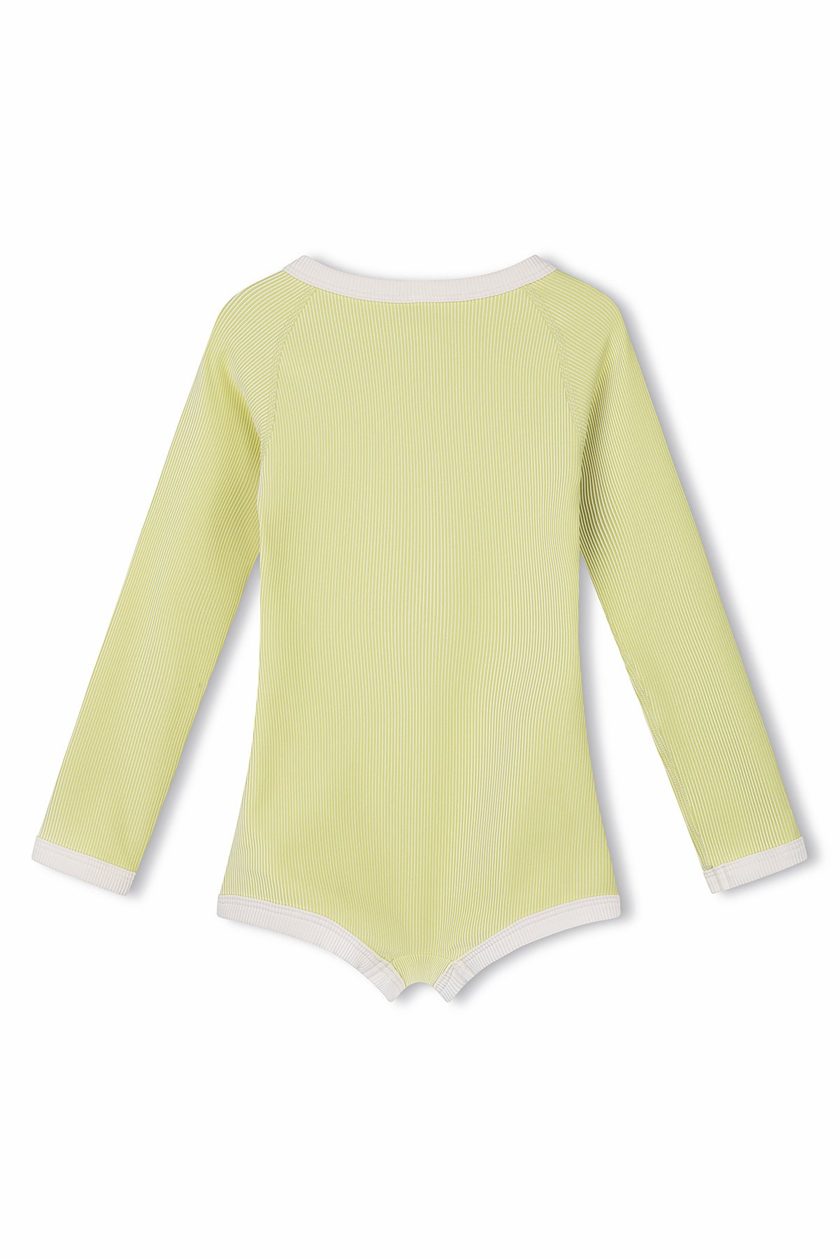 The PRE-ORDER Mini Stripe Rib Rashie Onesie Citrus by ZULU & ZEPHYR is displayed lying flat on a white background, showcasing its long sleeves and yellow-and-white striped design made from recycled Lycra. The onesie features white trim around the neckline, cuffs, and leg openings. The back view of the garment is presented in the image.