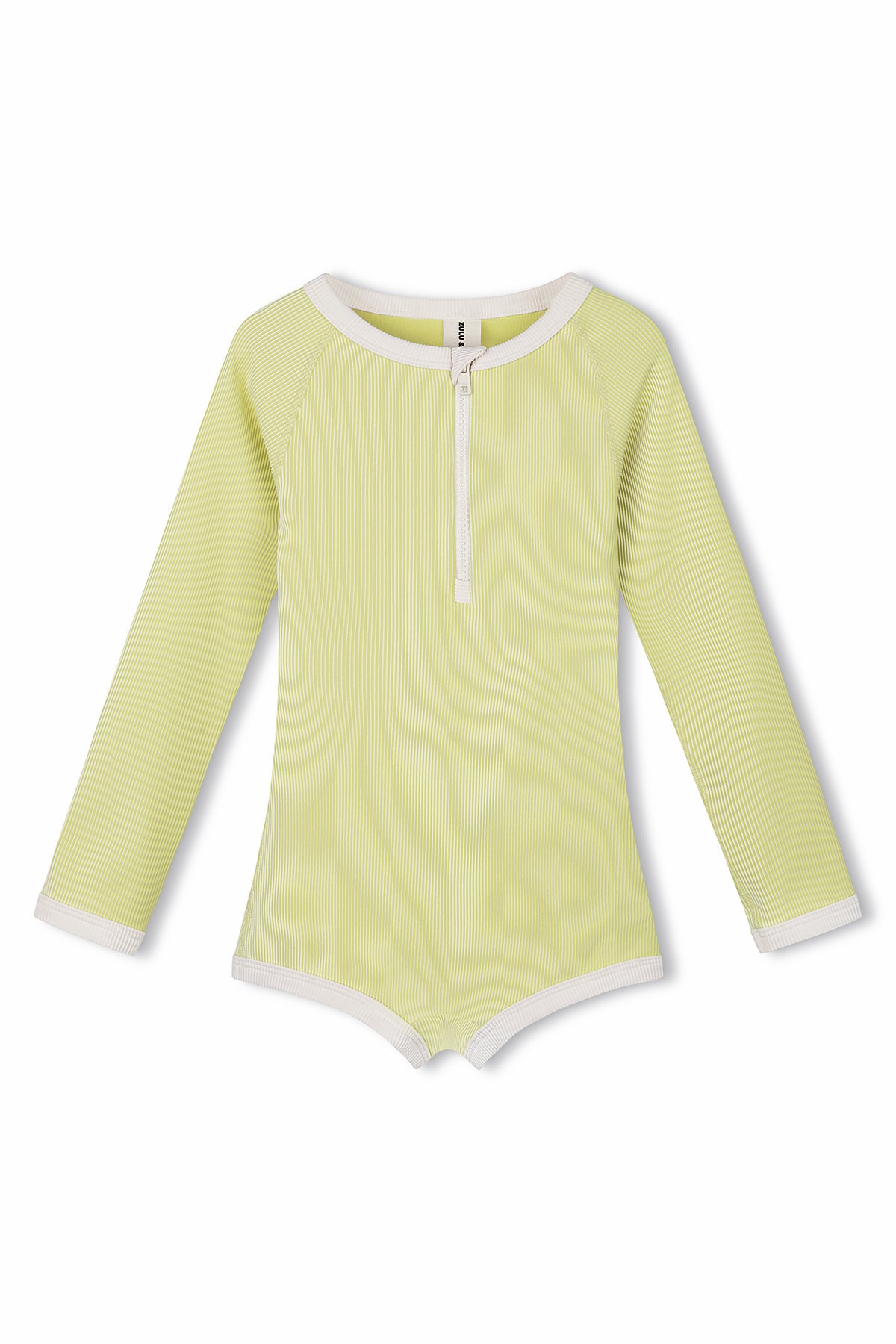 The ZULU & ZEPHYR PRE-ORDER Mini Stripe Rib Rashie Onesie in Citrus is a light green, long-sleeved bodysuit with ribbed texture and white trim around the neck, wrists, and legs. Made from recycled Lycra with a zippered front, it's perfect for the eco-conscious fashionista.