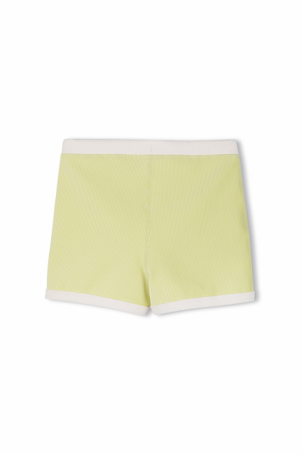 A pair of ZULU & ZEPHYR's PRE-ORDER Mini Stripe Rib Surf Short in Citrus, showcasing light yellow fabric adorned with white stripes. These shorts feature a white elastic waistband and are accented with white trim at the hem. Crafted from recycled swimwear fabric, they are displayed on a plain white background.