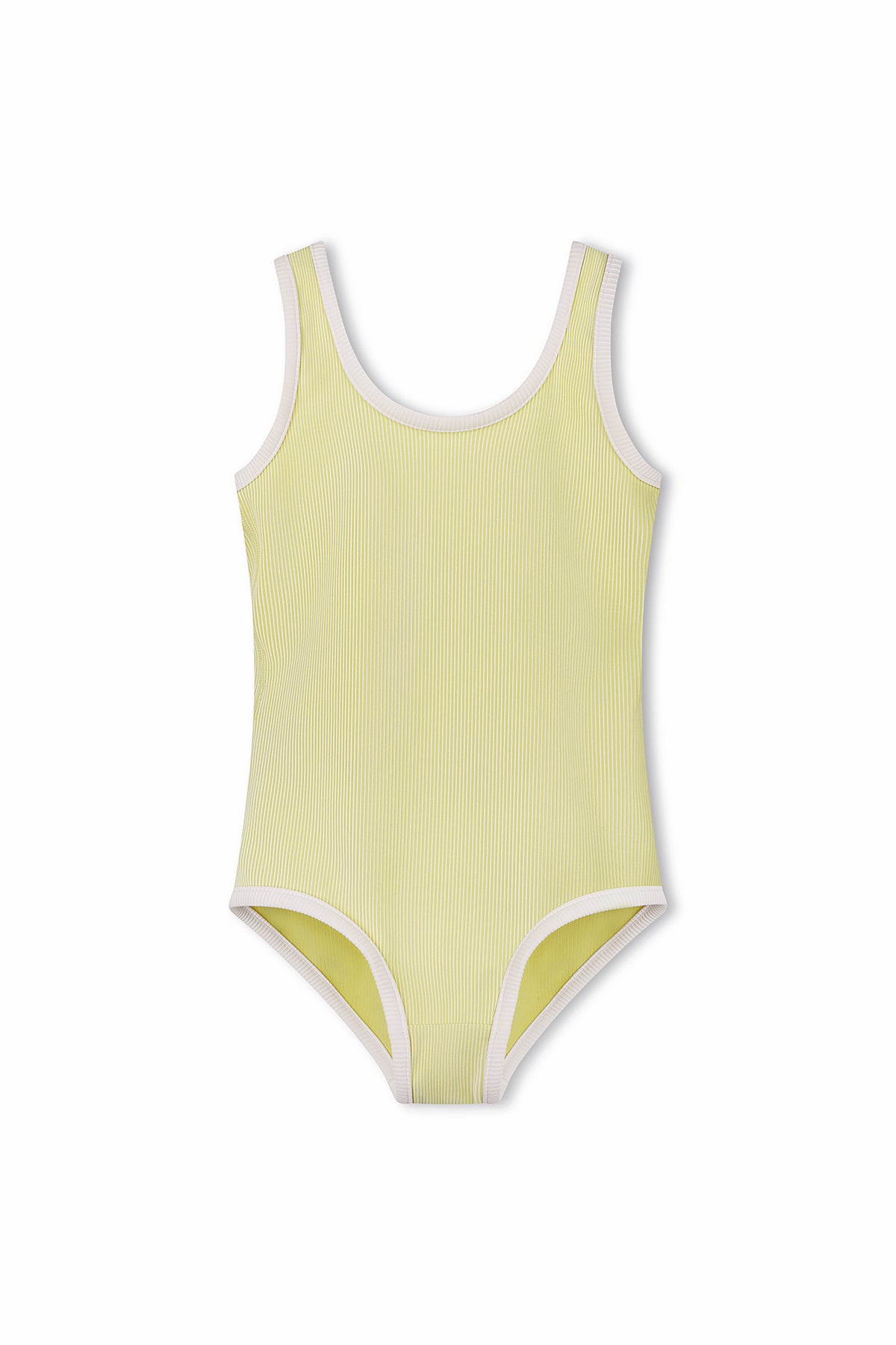 Introducing the PRE-ORDER Mini Stripe Scoop Rib One Piece Citrus from ZULU & ZEPHYR. This classic, sleeveless one-piece swimsuit features a light yellow color with white trim around the straps, neckline, and leg openings. Made from recycled materials, the subtly ribbed fabric adds a touch of texture to its simple design. Displayed on a plain white background, this elegant piece is available for pre-order now.