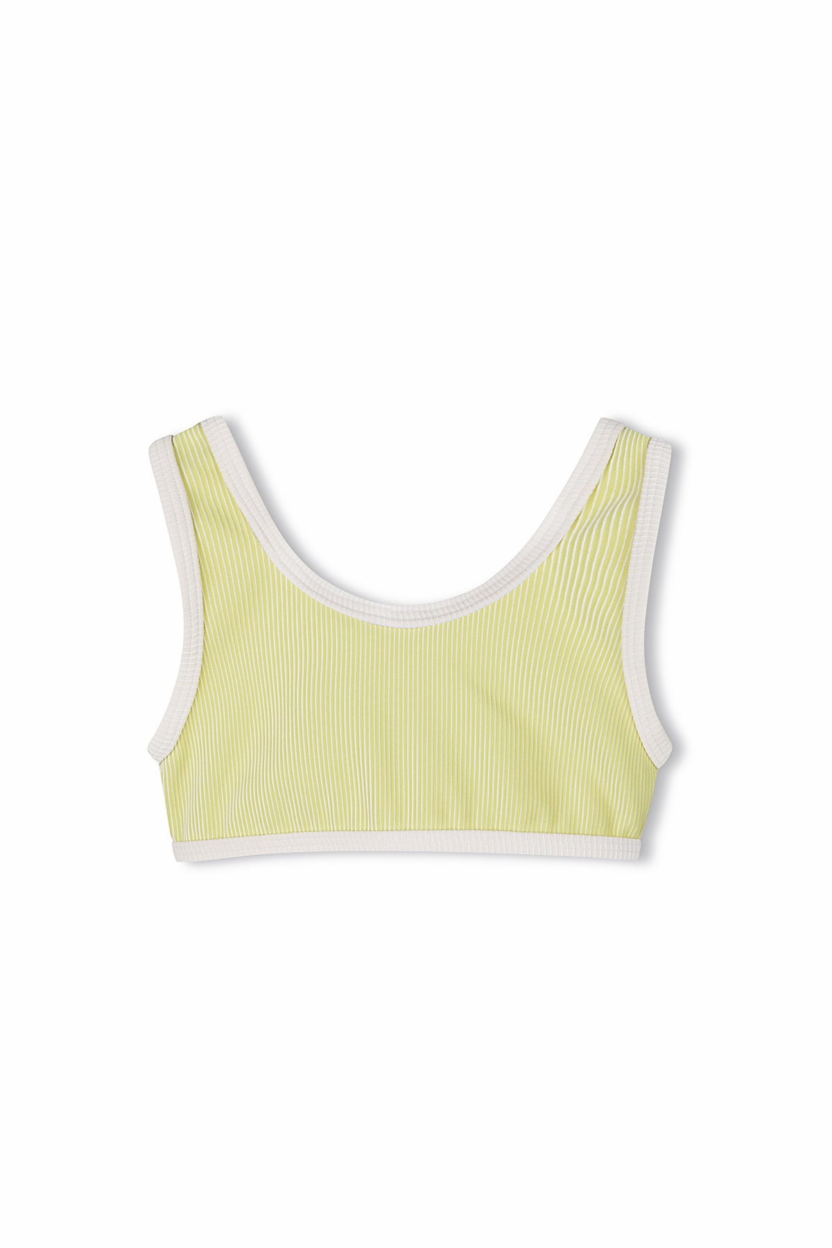 Introducing the PRE-ORDER Mini Stripe Rib Scoop Bikini Top Citrus by ZULU & ZEPHYR. This lime green bikini top features broad shoulder straps and white trim around the edges, showcased beautifully against a plain white background. Made from recycled materials, its ribbed texture and vibrant color promise both style and comfort. Pre-order now to add this eco-friendly piece to your wardrobe.
