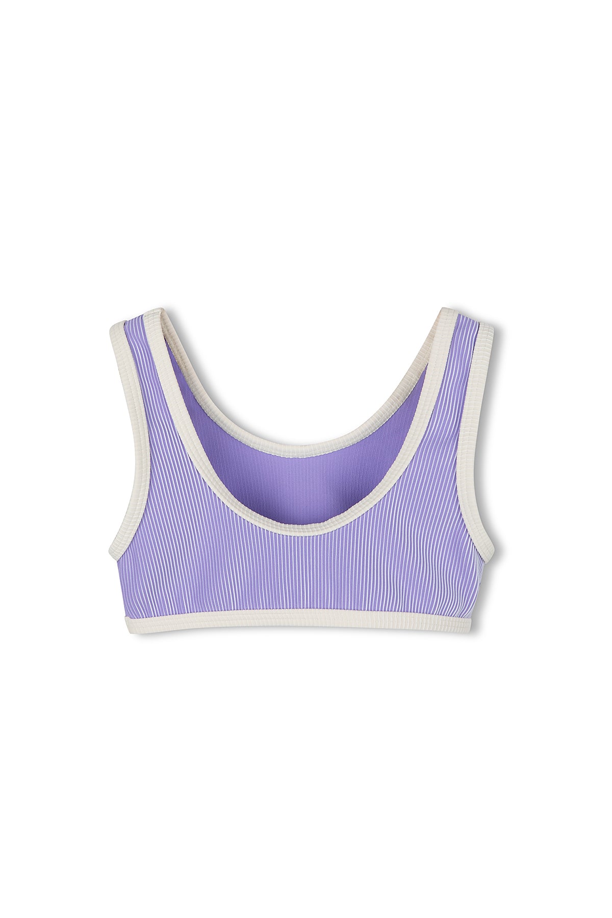 The PRE-ORDER Mini Stripe Rib Scoop Bikini Top in Grape by ZULU & ZEPHYR is a sleeveless, scoop-neck crop top featuring a pastel purple color with white trim around the neckline and armholes. Made from ribbed fabric, it offers both style and comfort. Crafted from recycled materials, this eco-friendly piece is perfect for your sustainable wardrobe. Now available for pre-order!