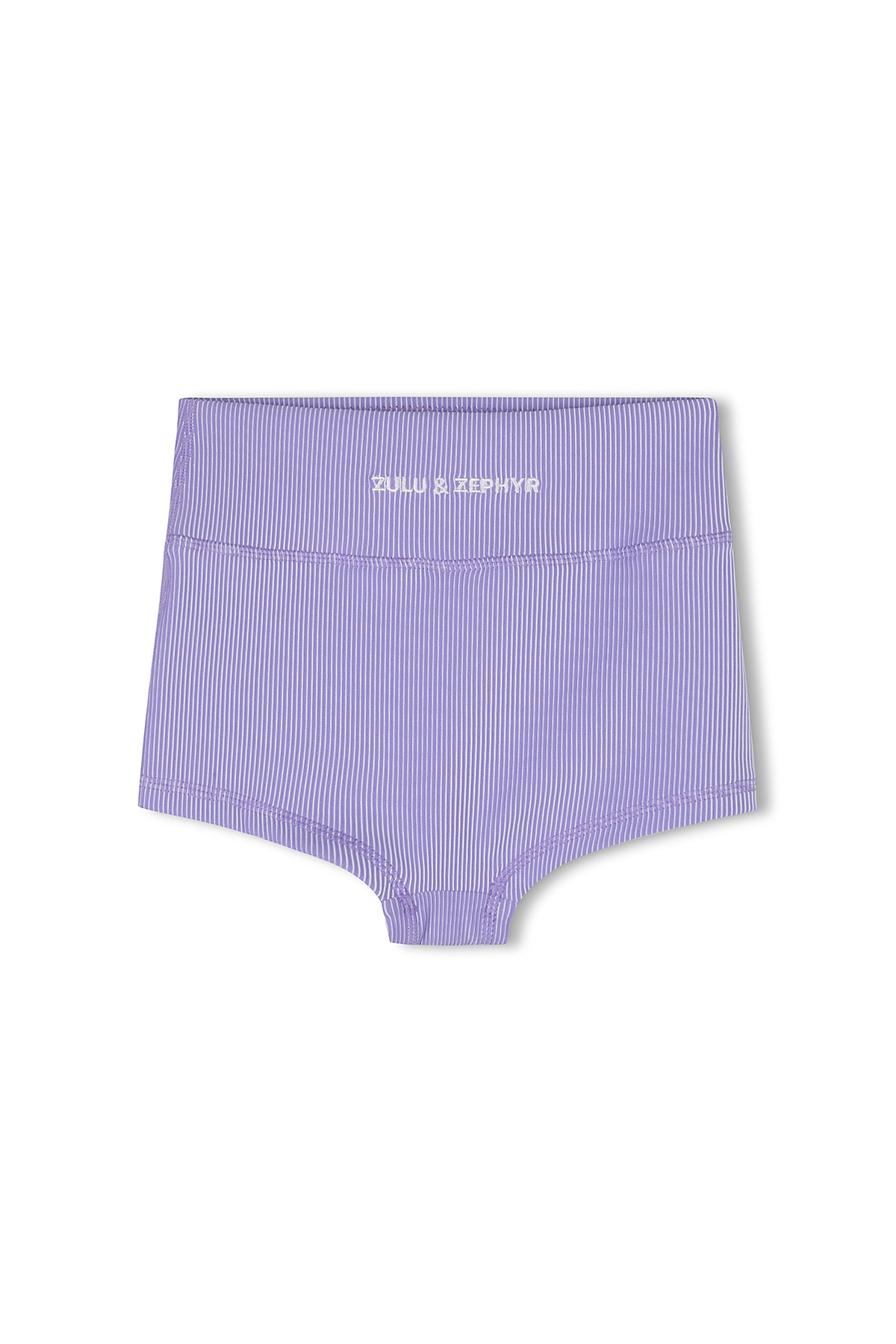 A pair of high-waisted, grape-colored Mini Stripe Rib Boy Shorts with a fitted waistband. The brand name "ZULU & ZEPHYR" is printed in white capital letters on the waistband. Made from recycled materials, these shorts offer a snug and comfortable design for casual or fitness wear.