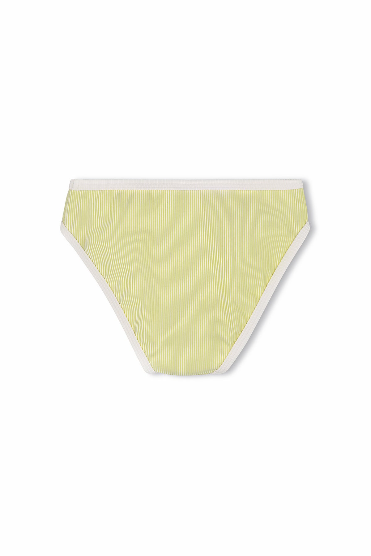 Introducing the PRE-ORDER Mini Stripe Rib Bikini Bottom Citrus by ZULU & ZEPHYR – a pair of stylish yellow bikini bottoms featuring thin white stripes and white trim along the edges. Crafted from smooth, lightweight swimwear fabric, these minimalistic and sustainable bottoms are made from recycled materials. Perfect for those who value eco-friendly fashion.
