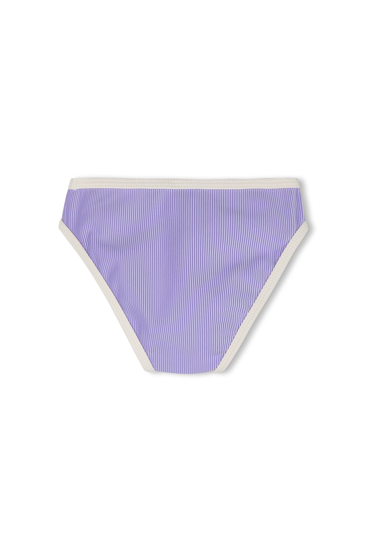 The Zulu & Zephyr Mini Stripe Rib Bikini Bottom in Grape features fine vertical stripes, recycled nylon, and white trim on the waistband and leg openings, displayed against a plain white background.