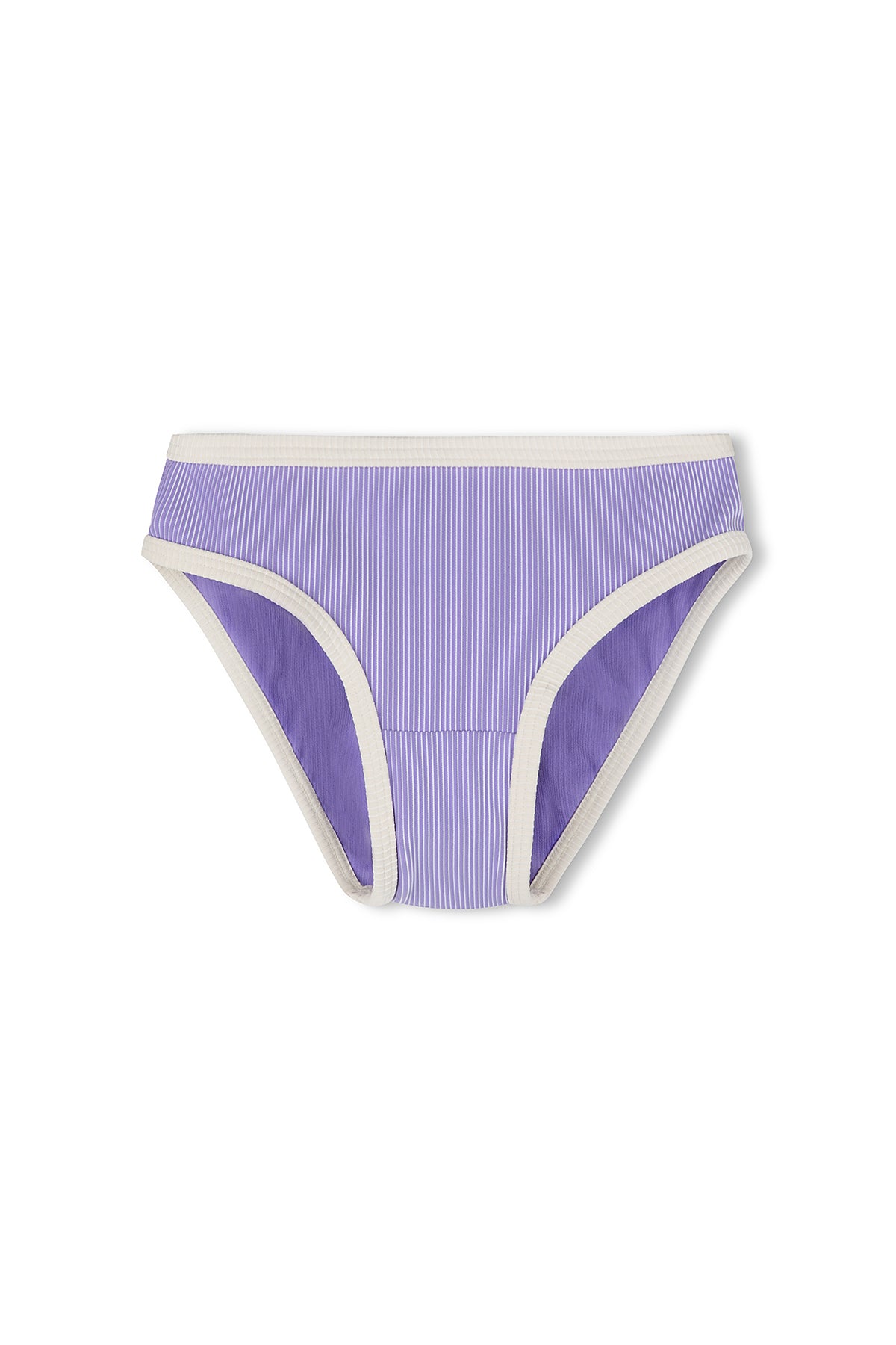 The Zulu & Zephyr Mini Stripe Rib Bikini Bottom Grape for women features a lavender and white ribbed texture with retro white trim, made from recycled nylon, and is displayed on a plain white background.