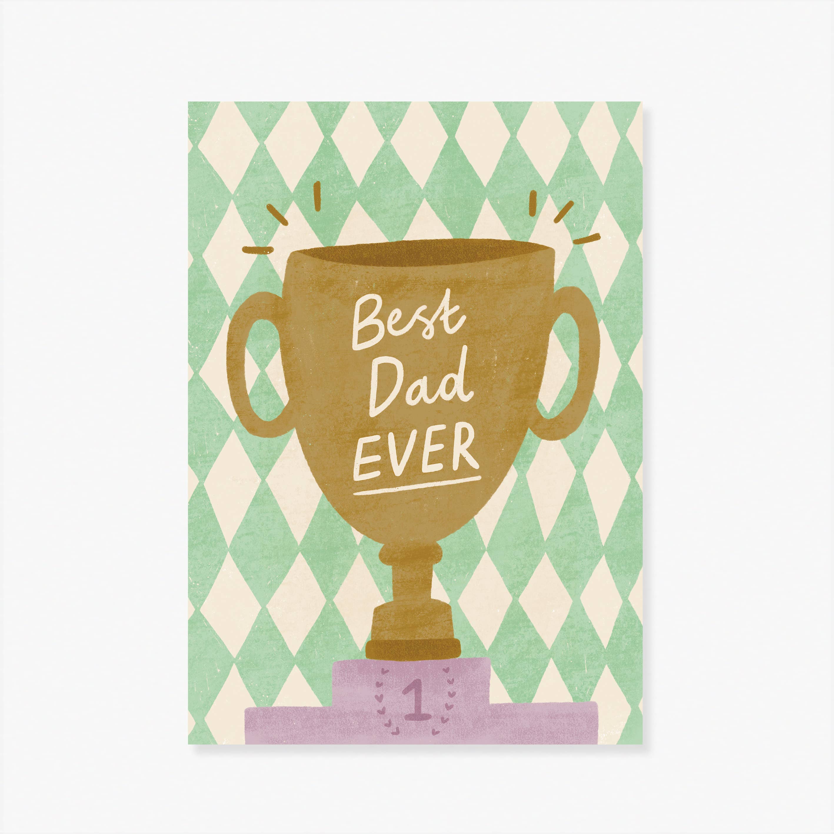 The LAUREN SISSONS STUDIO 'Best Dad Ever' Trophy Father’s Day Greeting Card features a gold trophy on a purple "1" podium with a green and white diamond background—an ideal card for your Best Dad.