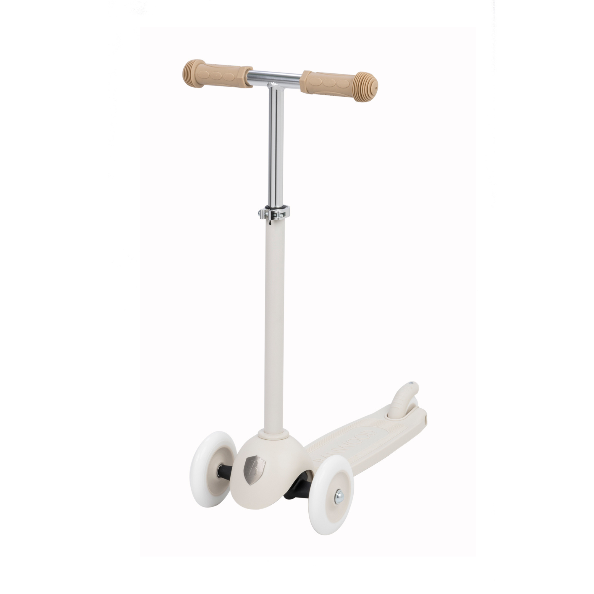 The Banwood Eco Scooter Ivory by BANWOOD is a three-wheeled children's scooter made from recycled plastic. It features an ivory and beige color scheme, two front wheels, one rear wheel, and beige handlebars, offering young kids a stylish and eco-friendly ride.
