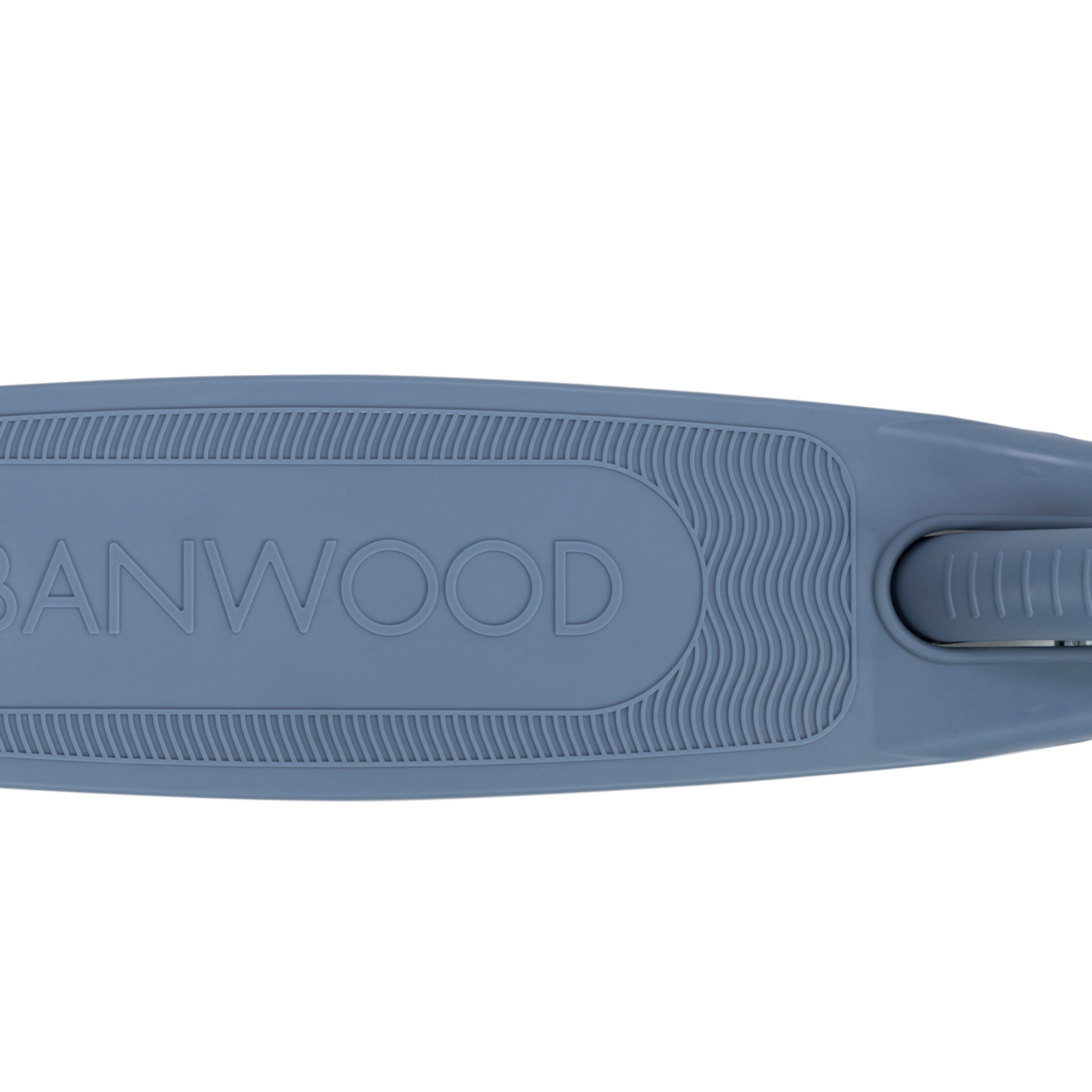 Close-up of a BANWOOD "Eco Scooter Deep Sea" deck, featuring an embossed brand name and textured grip patterns crafted from recycled plastic for a sustainable choice.