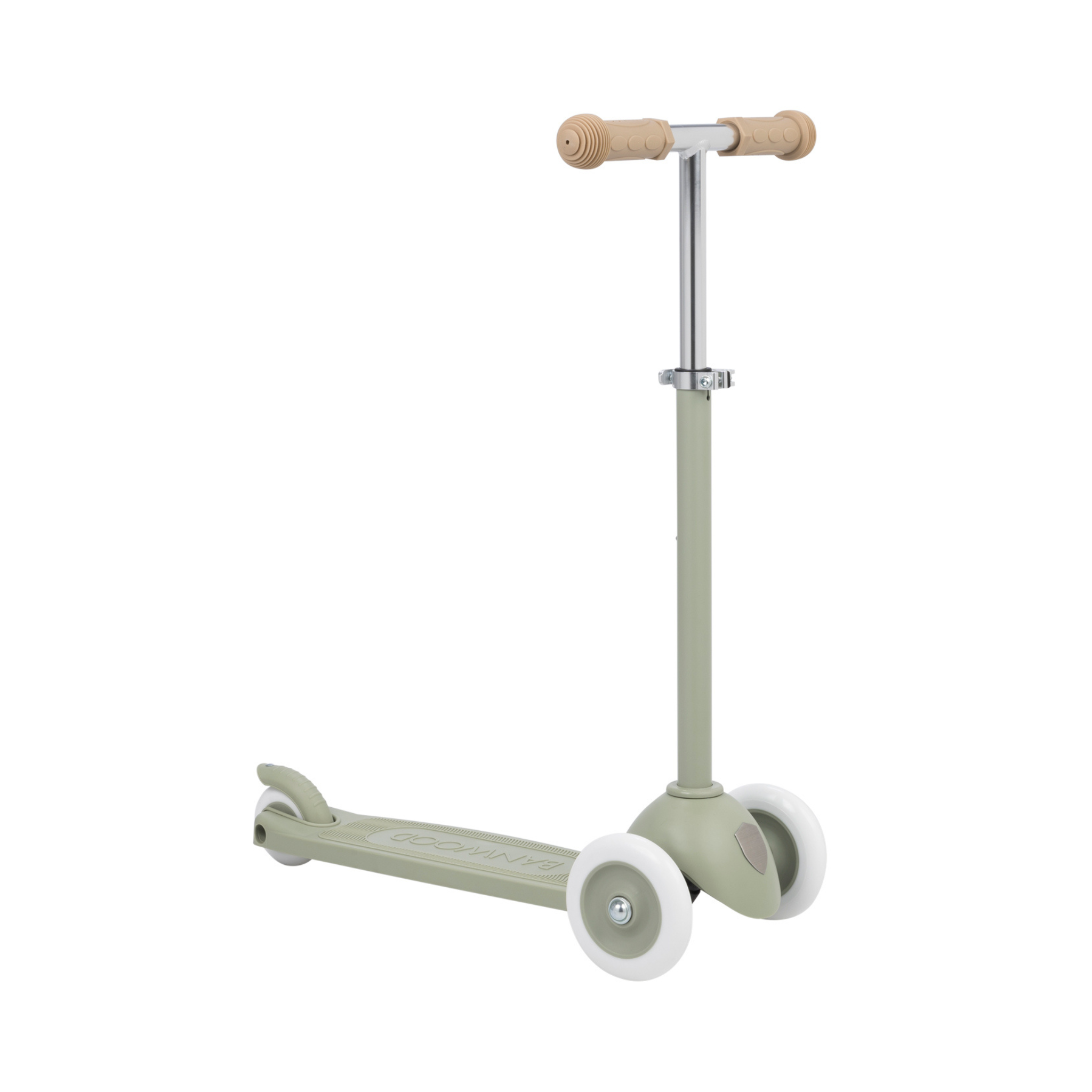 The Banwood Eco Scooter Olive by BANWOOD boasts a matte gray deck made from 100% post-consumer recycled plastic, three white wheels, a silver adjustable handlebar with light beige grips, and an Easy Ride Steering System for stability, all showcased against a plain white background.