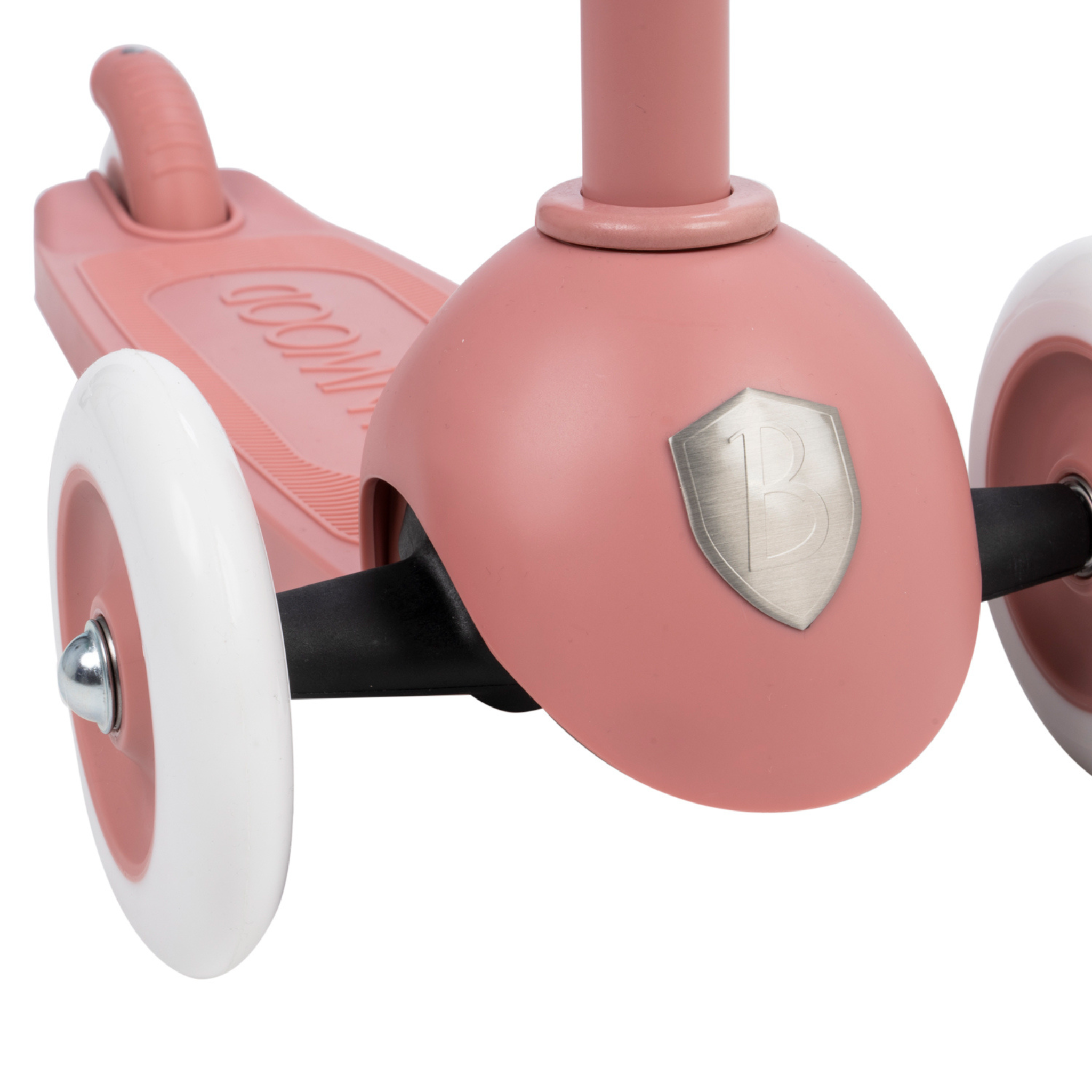 Close-up of the Banwood Eco Scooter in Raspberry, featuring a "B" shield emblem. Made from recycled plastic, it has three white wheels and a textured footboard, offering sustainable design with a modern look.
