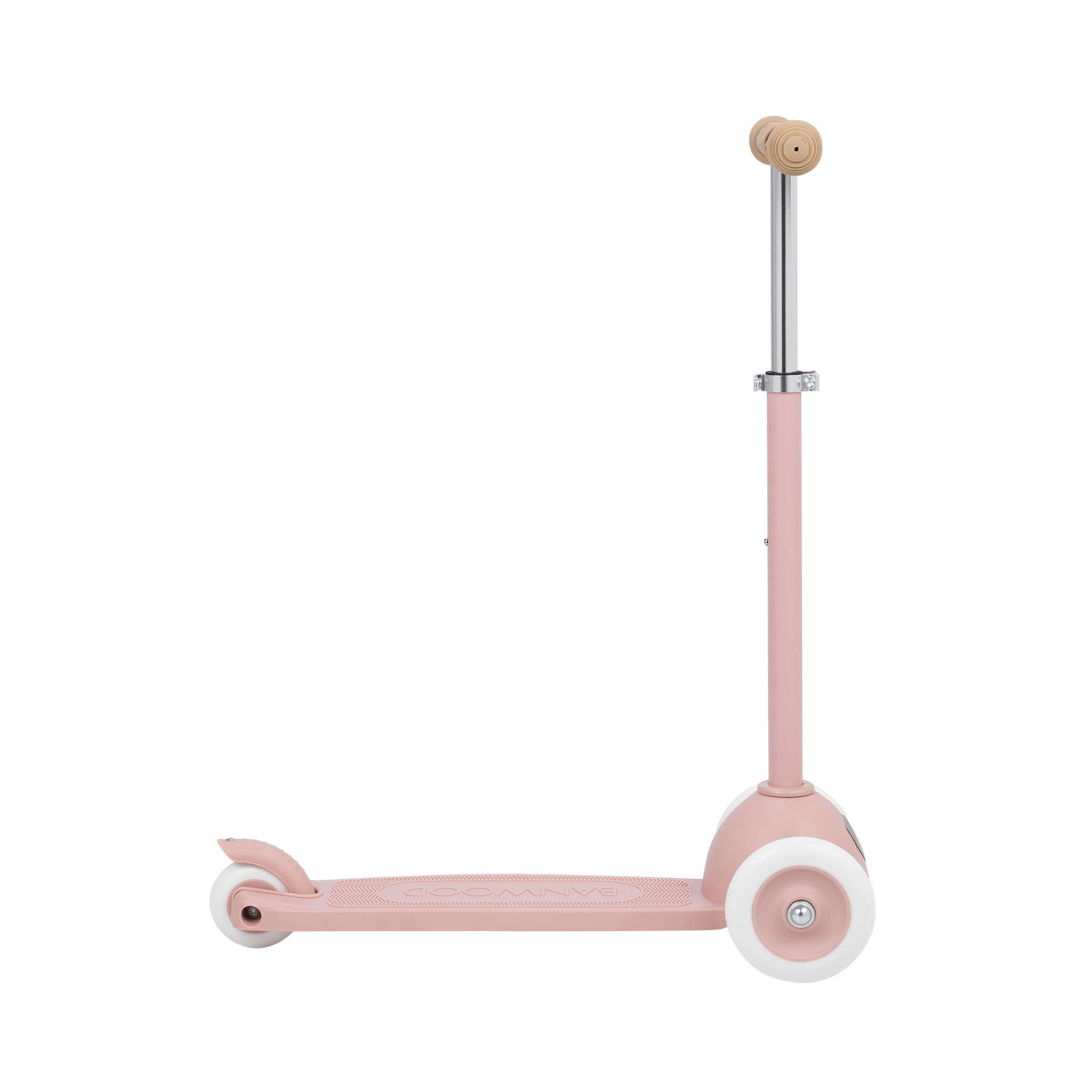 The Banwood Eco Scooter in Dusty Rose is a pink children's scooter made from recycled plastic, with a sleek design. It features a silver handlebar, wooden grips, and white wheels. "BANWOOD" is displayed on the footboard. The sustainable scooter is set against a plain white background.