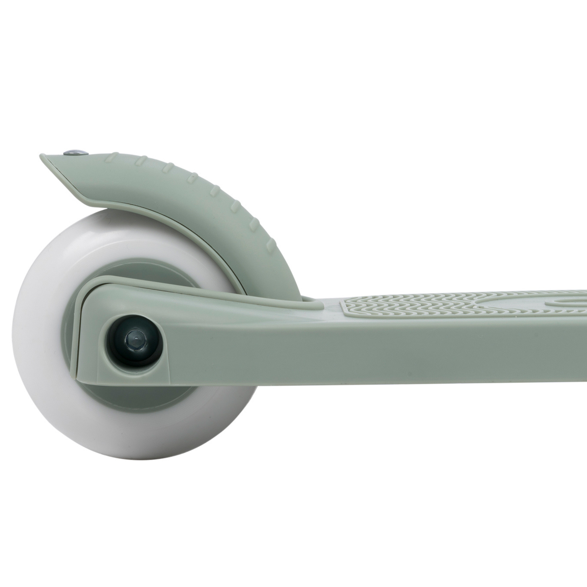 Close-up of the rear wheel and deck of the Banwood Eco Scooter Clay by BANWOOD. The white wheel is smooth, while the ridged fender and textured deck are crafted from recycled plastic, showcasing a commitment to sustainability.