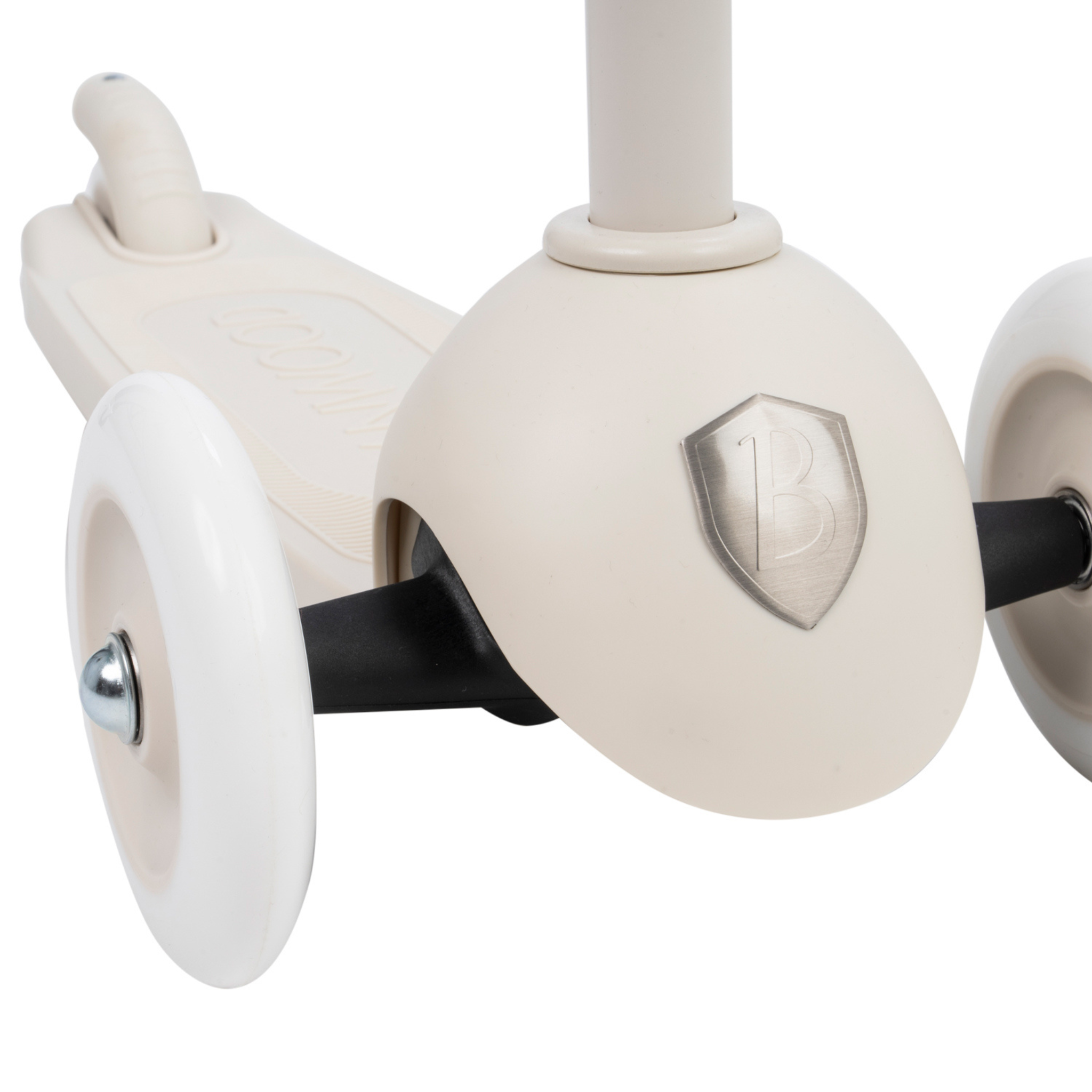 Close-up of a Banwood - Eco Scooter Ivory by BANWOOD, showcasing the front wheel and base. It features a metal "B" badge and pristine white wheels, incorporating sustainability with recycled plastic in its design.