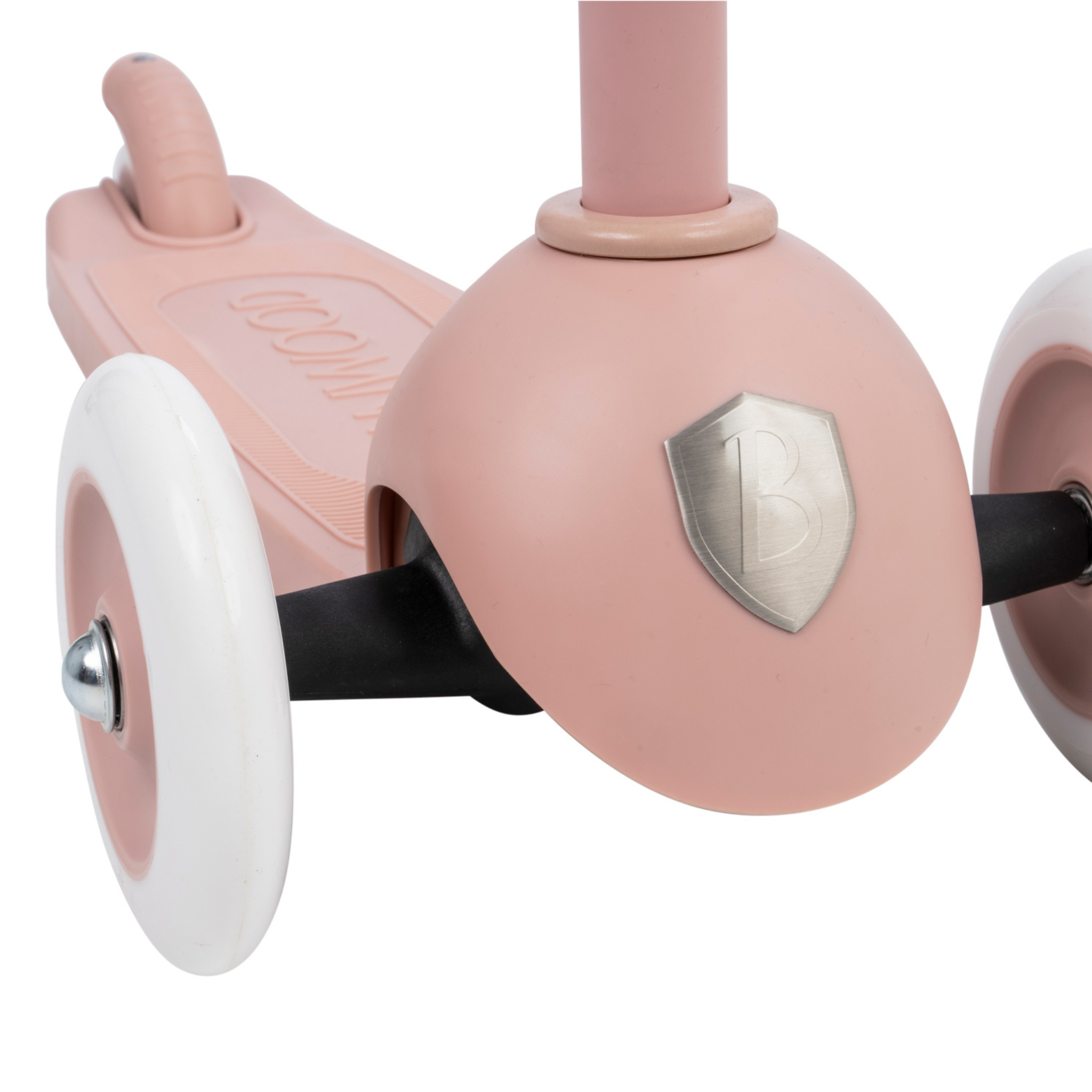 Close-up of a pink Banwood - Eco Scooter Dusty Rose with a shield emblem on front. Made from recycled plastic, it features an Easy Ride Steering System, white wheels, and a textured footboard with text. Brand: BANWOOD.
