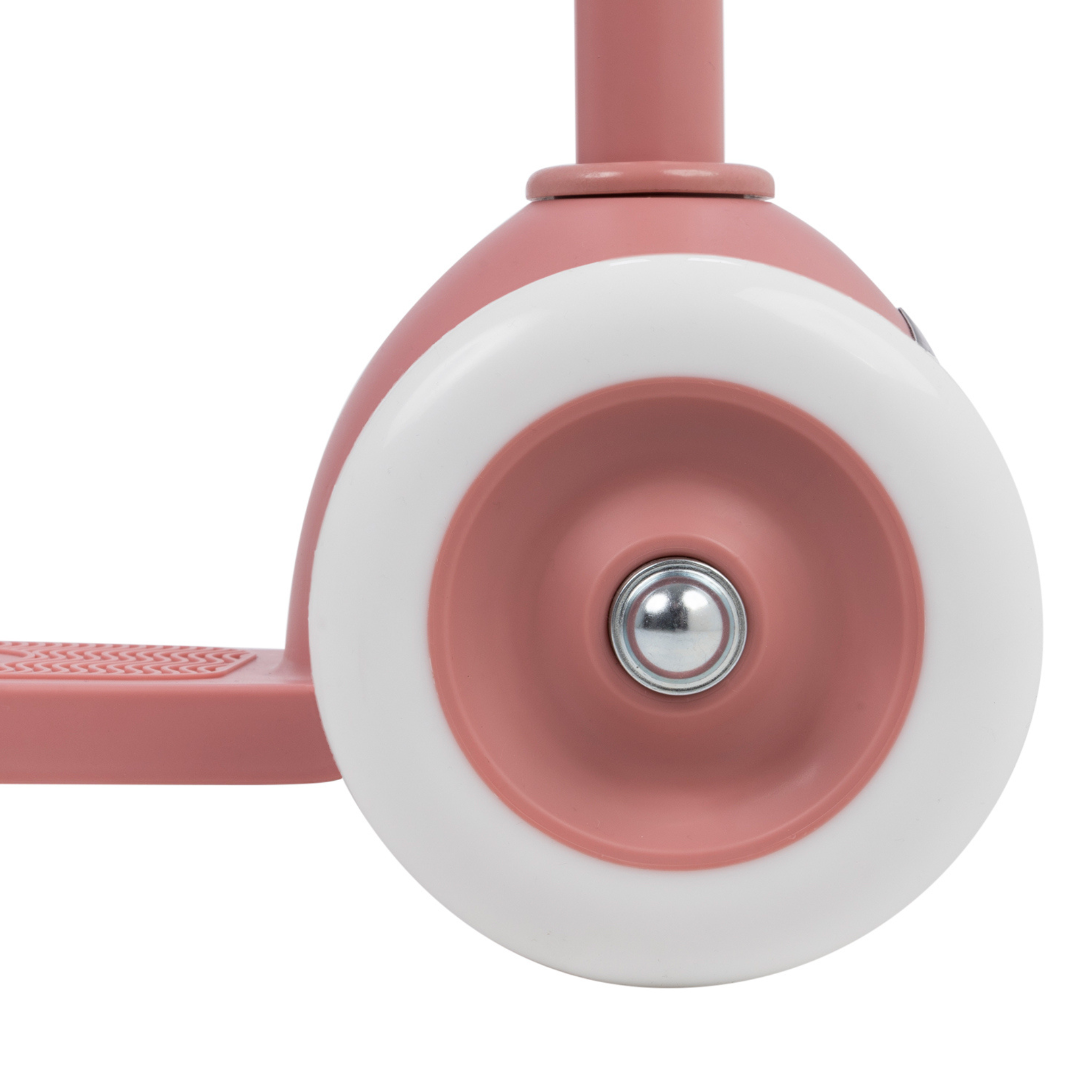 The Banwood Eco Scooter Raspberry features a recycled plastic pink wheel with a white rim, attached to its vibrant frame and offering an elegant glimpse of the deck.