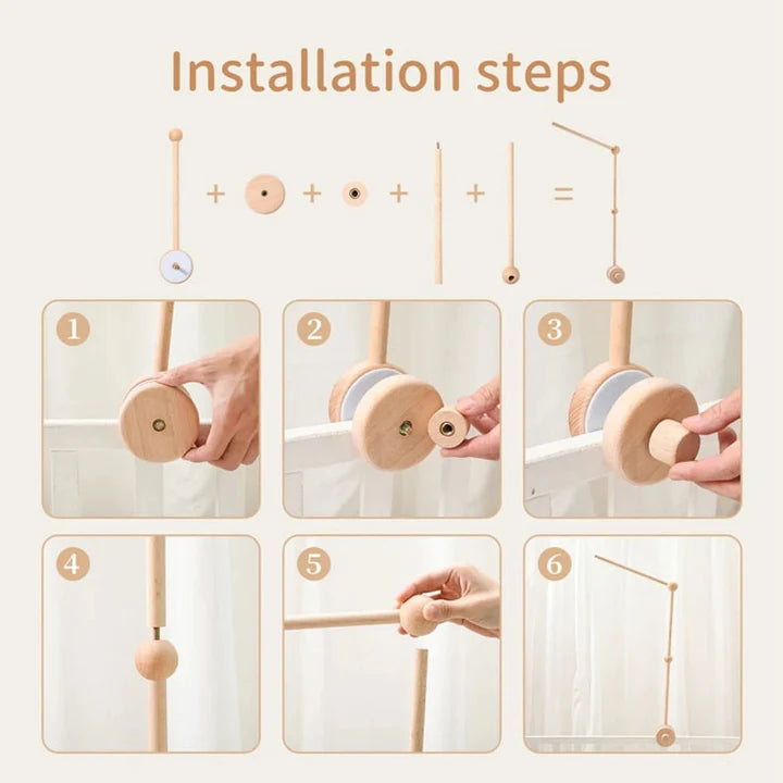 Step-by-step visual guide for assembling the Roomi & Me - Wooden Mobile Stand by ROOMI & ME, using six images to show how to attach round wooden pieces and a rod to create an easy-to-mount structure.