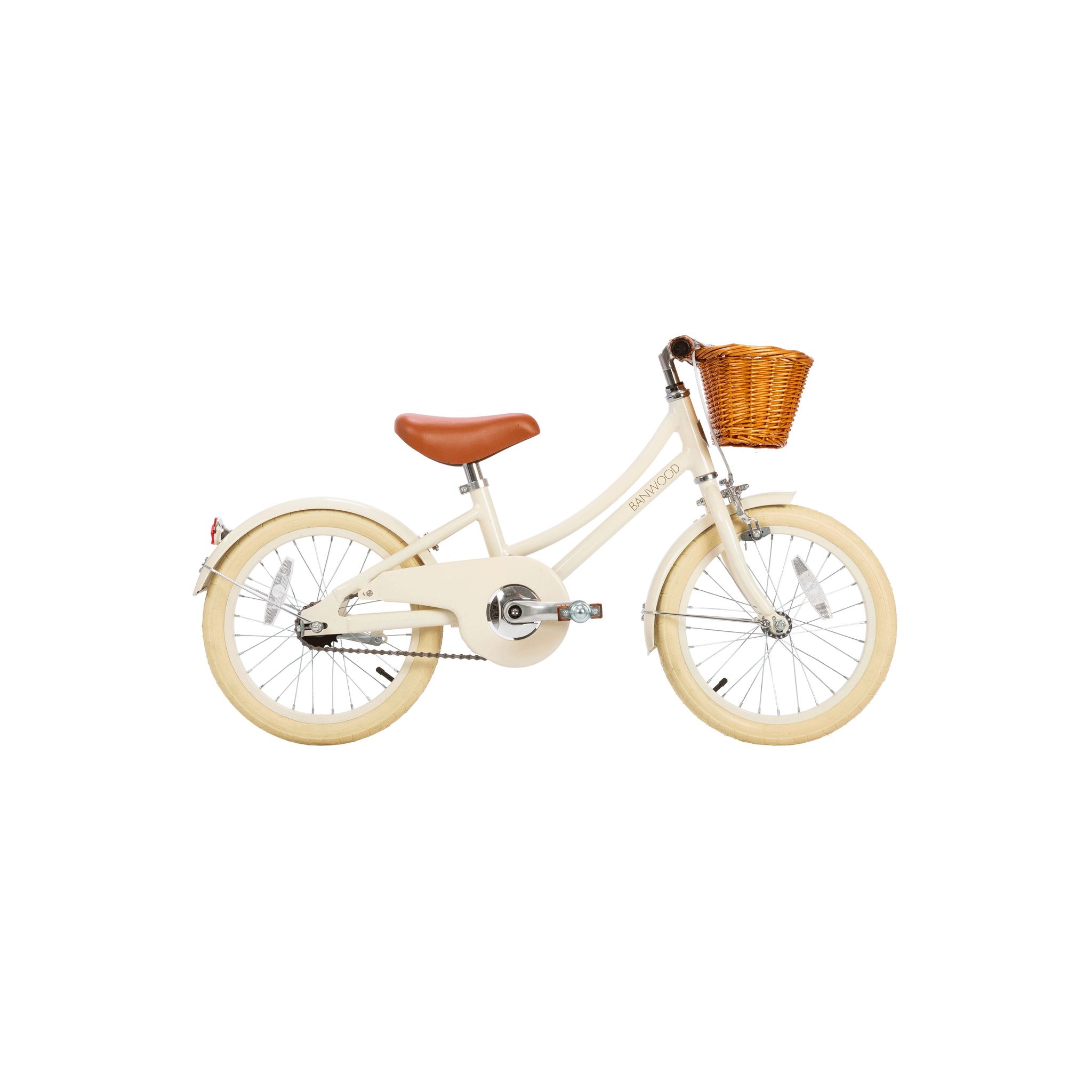 The Banwood - Classic Bicycle Cream by BANWOOD features a Scandinavian design with a cream frame, brown seat, and tan tires. Its vintage look is enhanced by a wicker basket, white chain guard, and is beautifully displayed on a pristine white background.