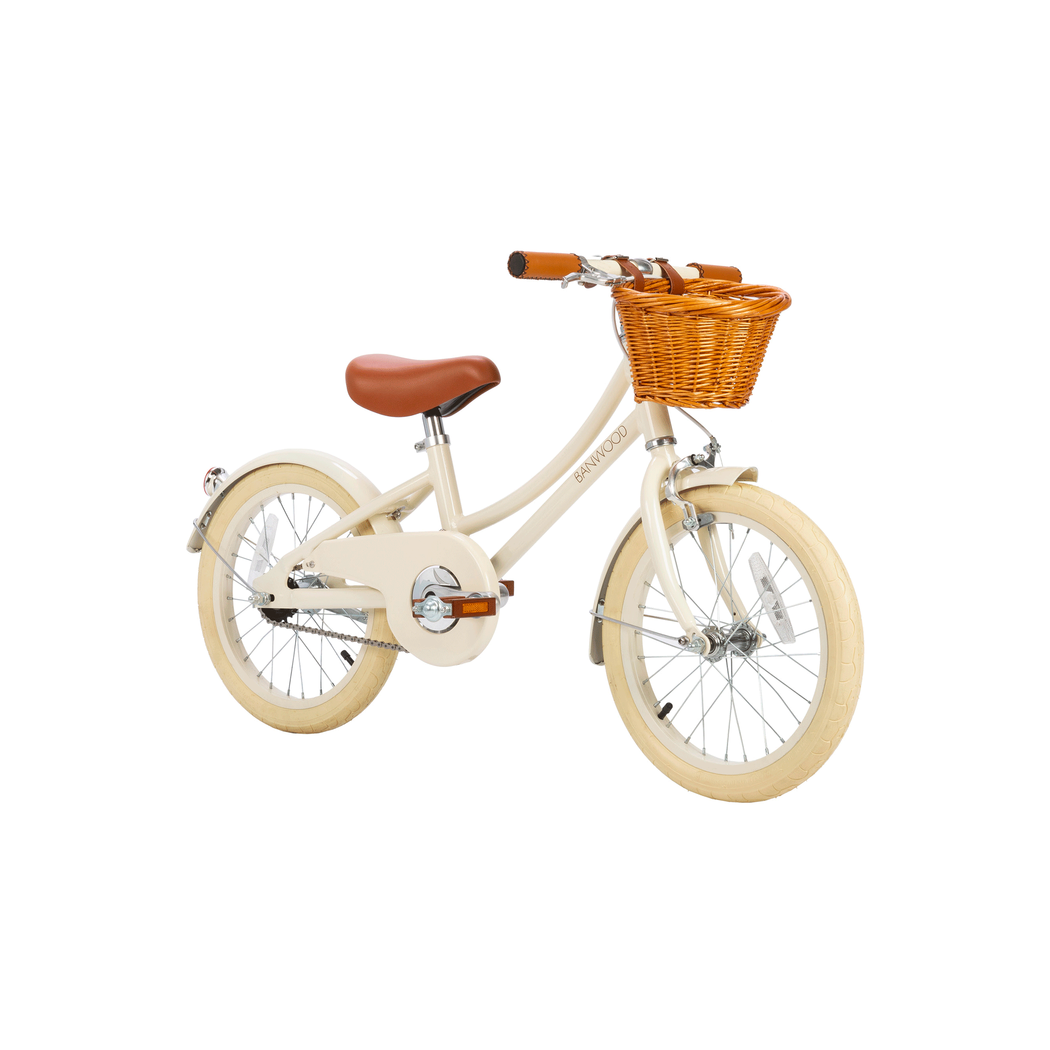 The Banwood - Classic Bicycle Cream by BANWOOD showcases Scandinavian design with brown leather handlebars and saddle. It includes a vintage wicker basket, white tires, and a chain guard, all set against a pristine white background.