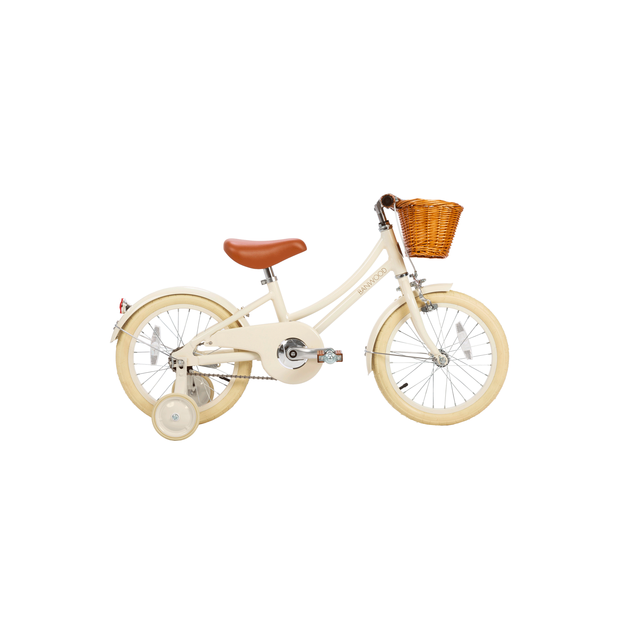 The BANWOOD Classic Bicycle Cream is a cream-colored kids' bike with a brown leather saddle and handlebars, vintage-inspired design featuring a wicker basket, training wheels, and wide white tires.