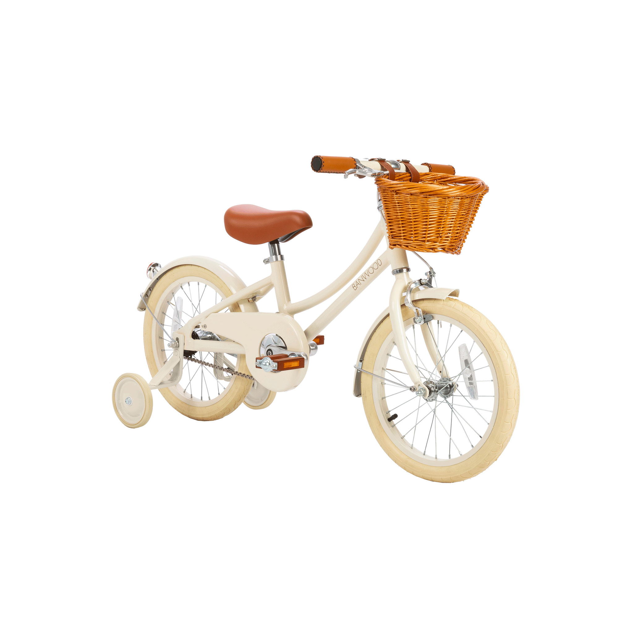 The Banwood Classic Bicycle Cream, from BANWOOD's collection, is a charming children's bike with a Scandinavian design. It features training wheels, a tan seat, brown handlebars, a wicker front basket, and light-colored tires to complete its vintage aesthetic.