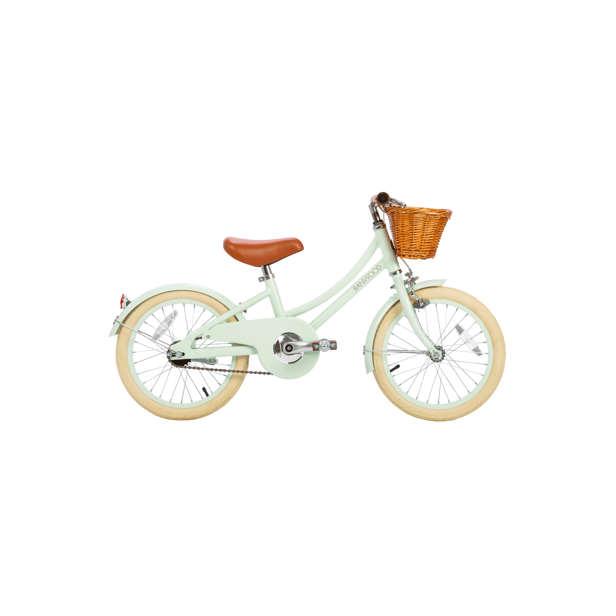 The Banwood Classic Bicycle in Pale Mint embodies Scandinavian design with its light green frame, cream tires, brown seat, and wicker basket on the handlebars, all reminiscent of vintage bicycles against a clean white background.