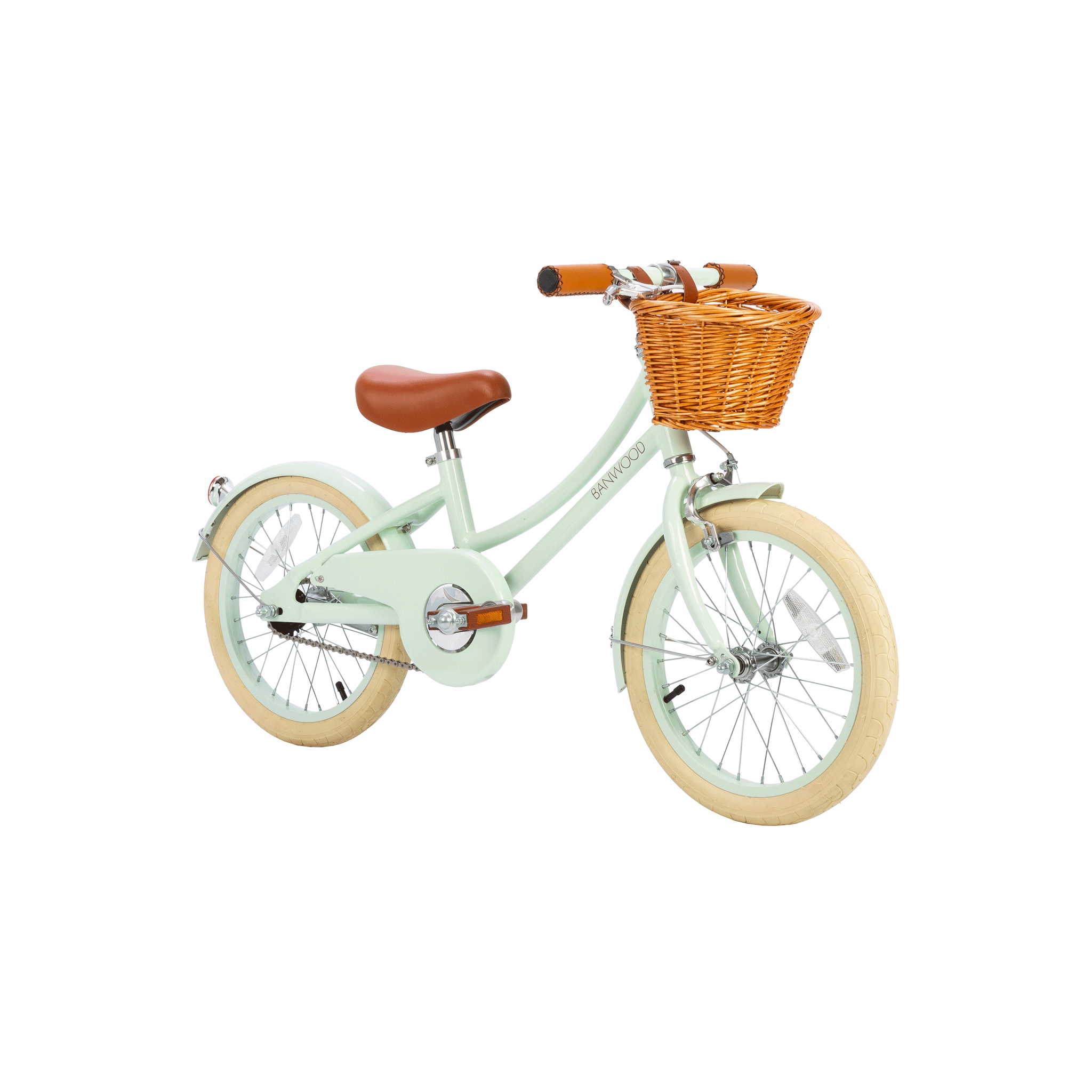 The Banwood - Classic Bicycle Pale Mint, by BANWOOD, is a charming children's bike in a light green hue with Scandinavian design. It features brown handles, a comfy seat, beige tires, and a wicker basket up front, exuding vintage elegance against a white background.