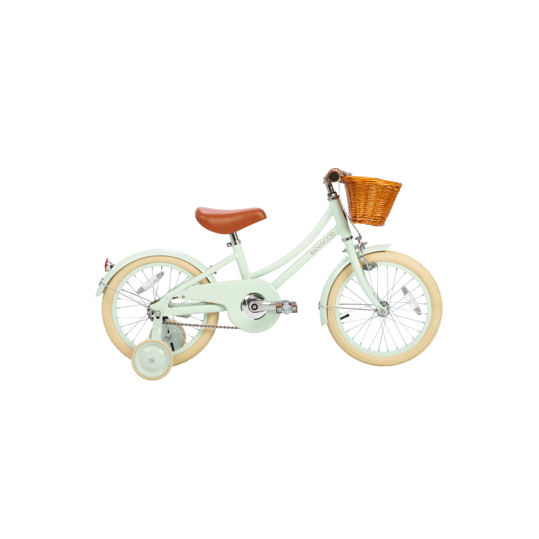 The BANWOOD - Classic Bicycle in Pale Mint is a vintage-inspired children's bike with training wheels, cream-colored tires, a brown seat, and a charming wicker basket on the handlebars, embodying timeless Scandinavian design.