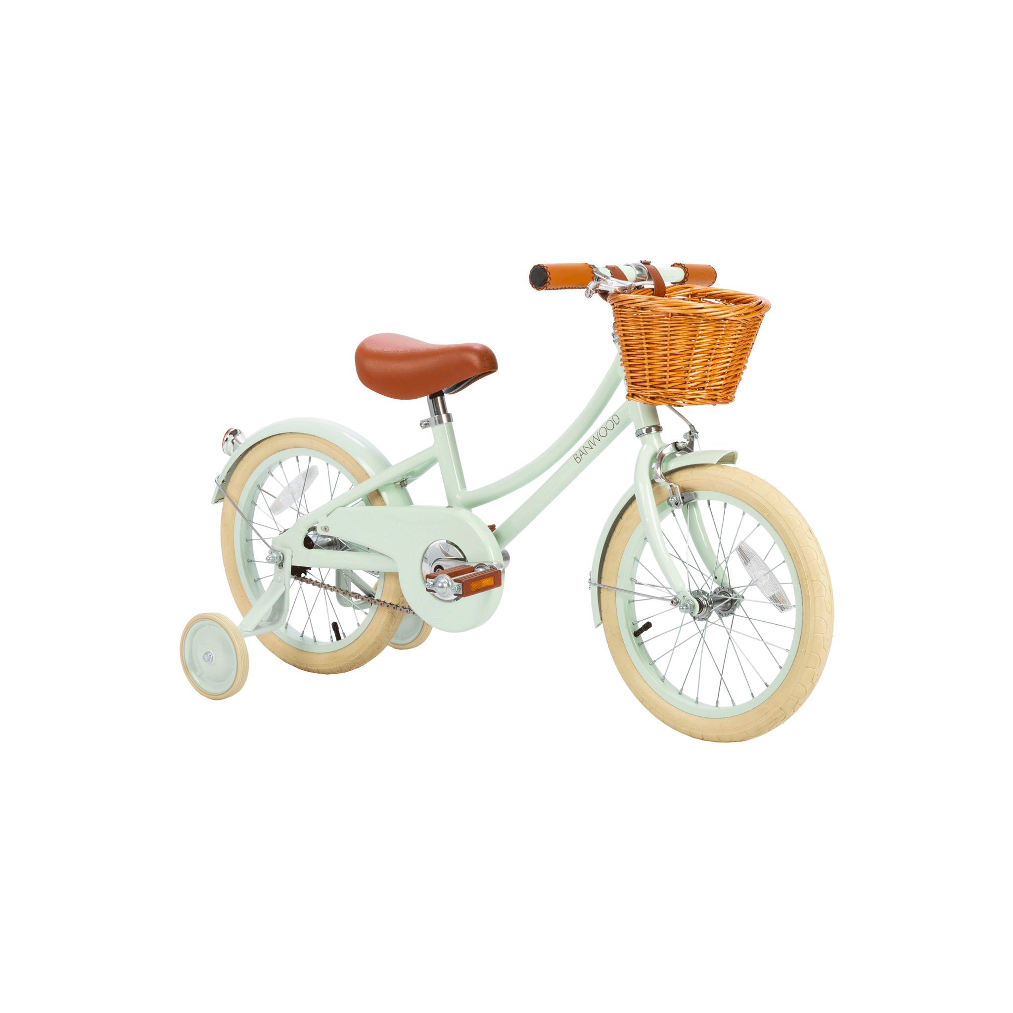 The Banwood - Classic Bicycle Pale Mint by BANWOOD is a mint green children's bike with training wheels and white tires, Scandinavian design, brown leather seat and handlebar grips, plus a front wicker basket for a vintage look.