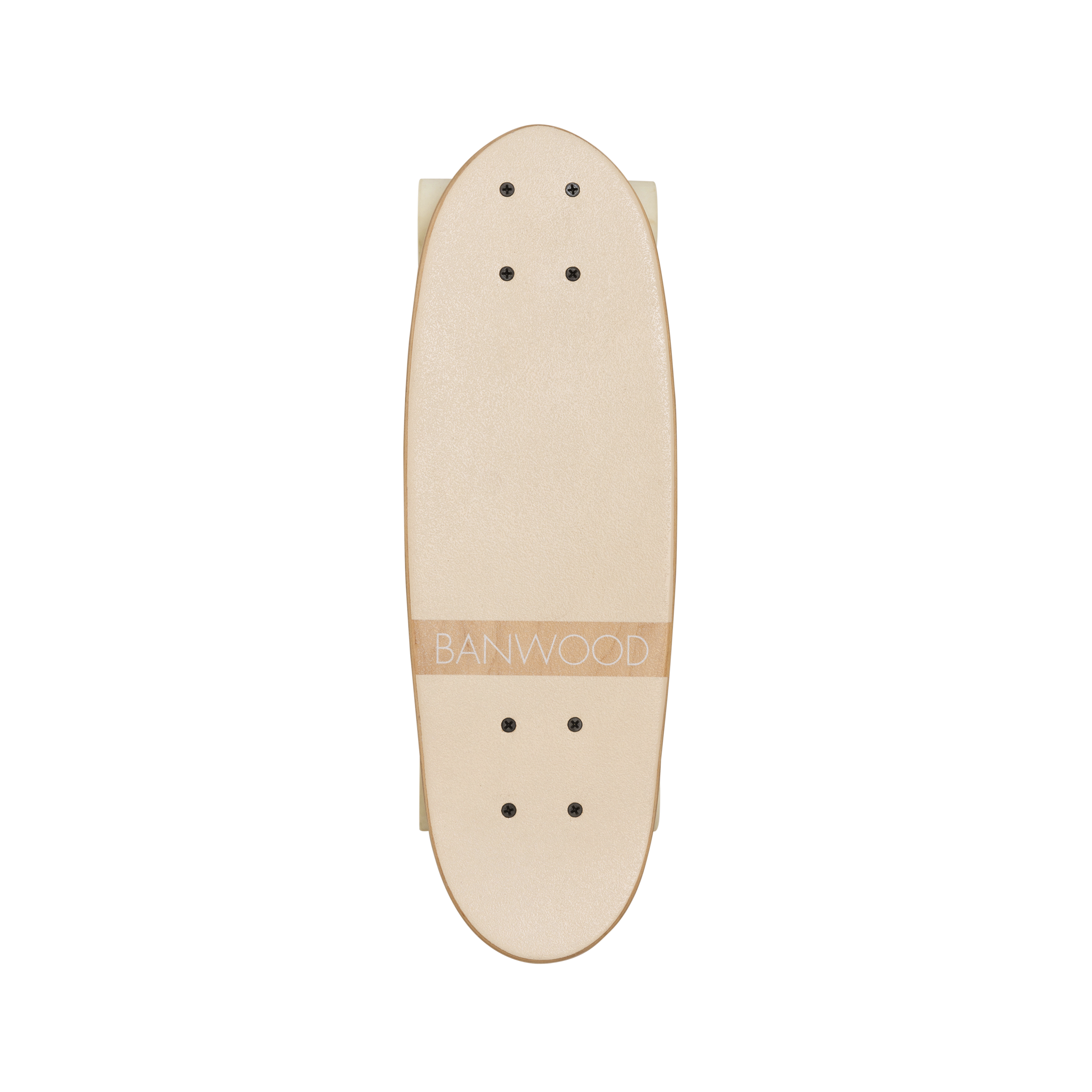 Top view of a Banwood Skateboard Cream deck with "BANWOOD" in white letters across the middle, featuring two sets of black screw holes for trucks, showcasing a simple and clean design.