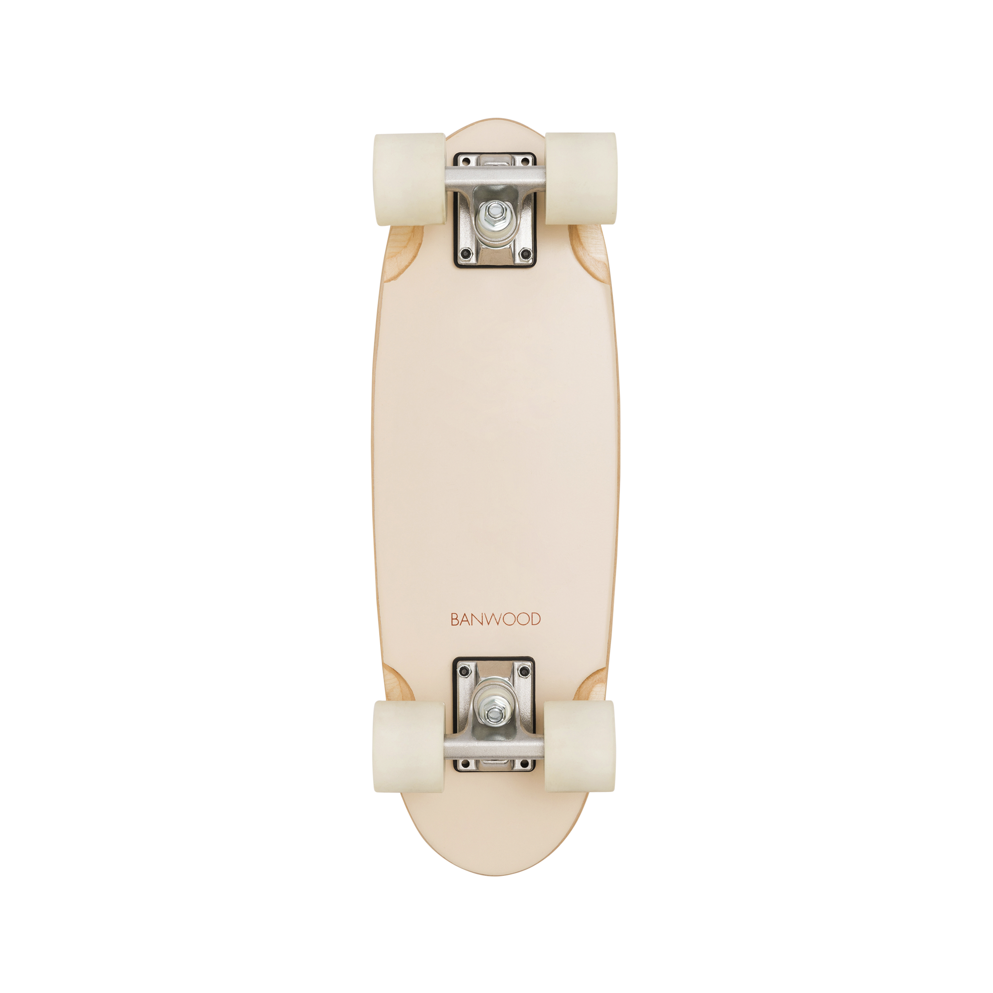 Top view of the Banwood - Skateboard Cream, featuring a Canadian Maple deck with an elegant "BANWOOD" print. It includes four high rebound white wheels and showcases a minimalist design.