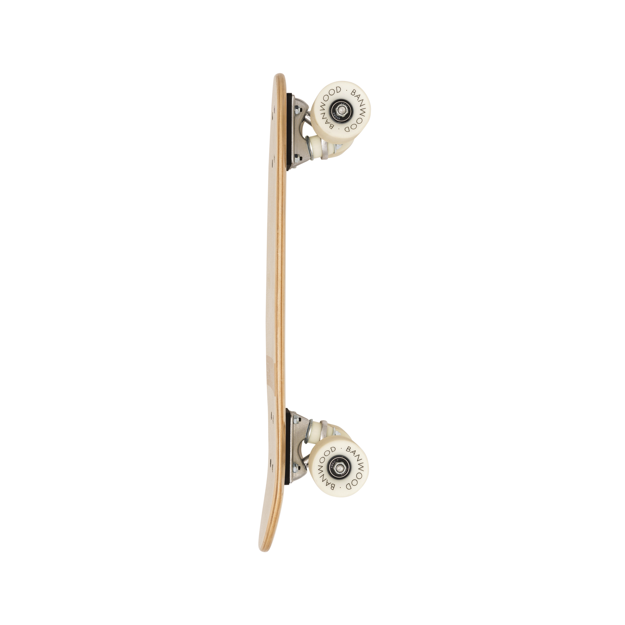 A Banwood Skateboard Cream from BANWOOD, featuring a natural Canadian Maple deck and high rebound white wheels, is positioned vertically against a pristine white backdrop.