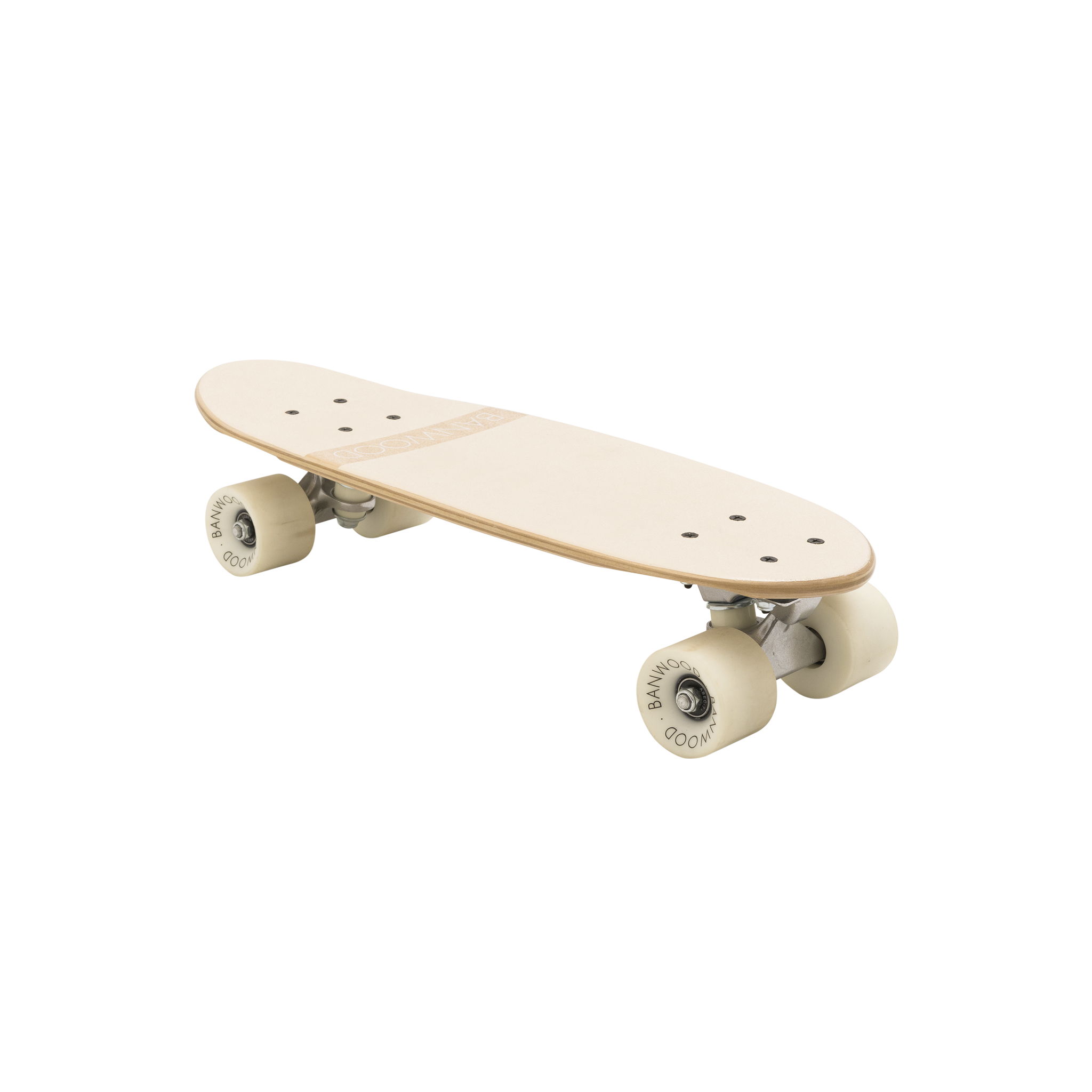 The Banwood - Skateboard Cream by BANWOOD is shown in a slightly angled side view. It features a light beige Canadian Maple deck, silver trucks, and high rebound off-white wheels, all set against a white background to accentuate its simple design.