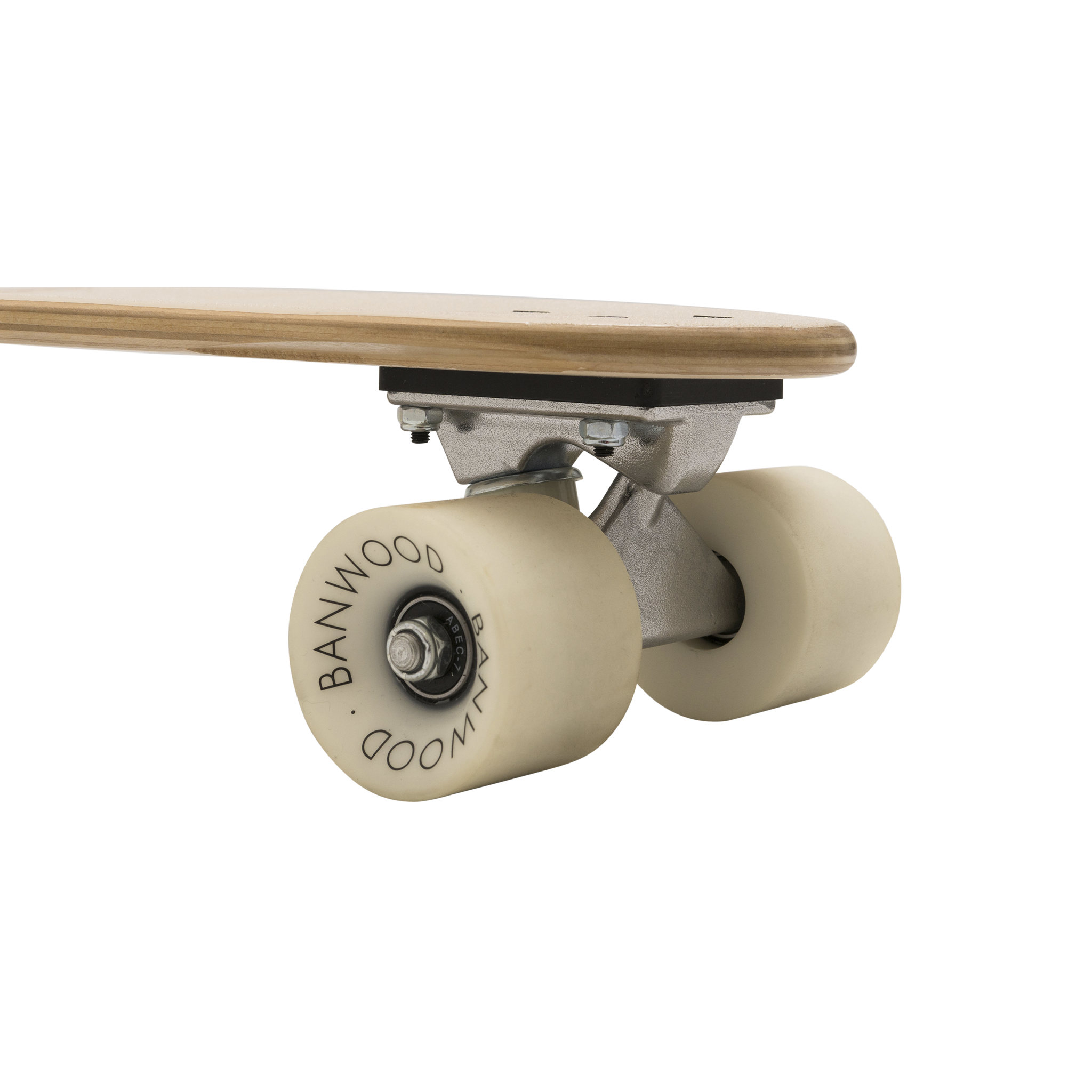 A close-up of a Banwood - Skateboard Cream wheel displays "BANWOOD" and its high rebound wheels, linked to a metallic truck under the sleek Canadian Maple deck. The focus is on the wheel and part of this stylish skateboard deck.