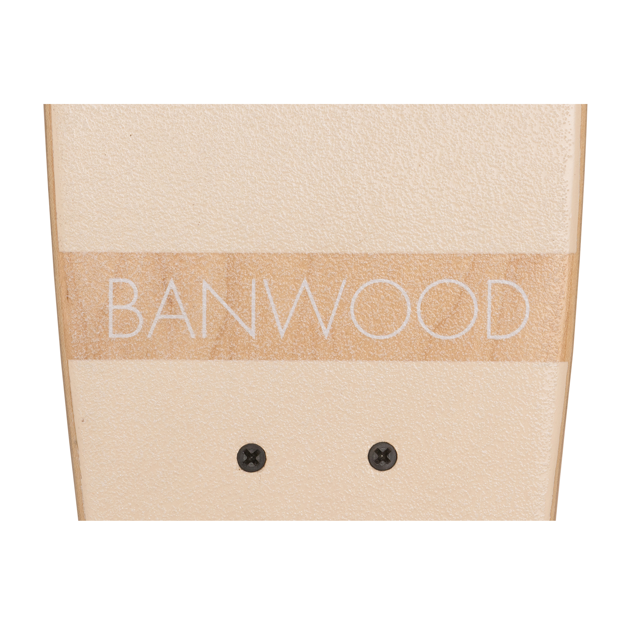 Close-up of the Banwood - Skateboard Cream deck made from Canadian maple, featuring "BANWOOD" in white. Two black screws at the bottom add to its sleek design.