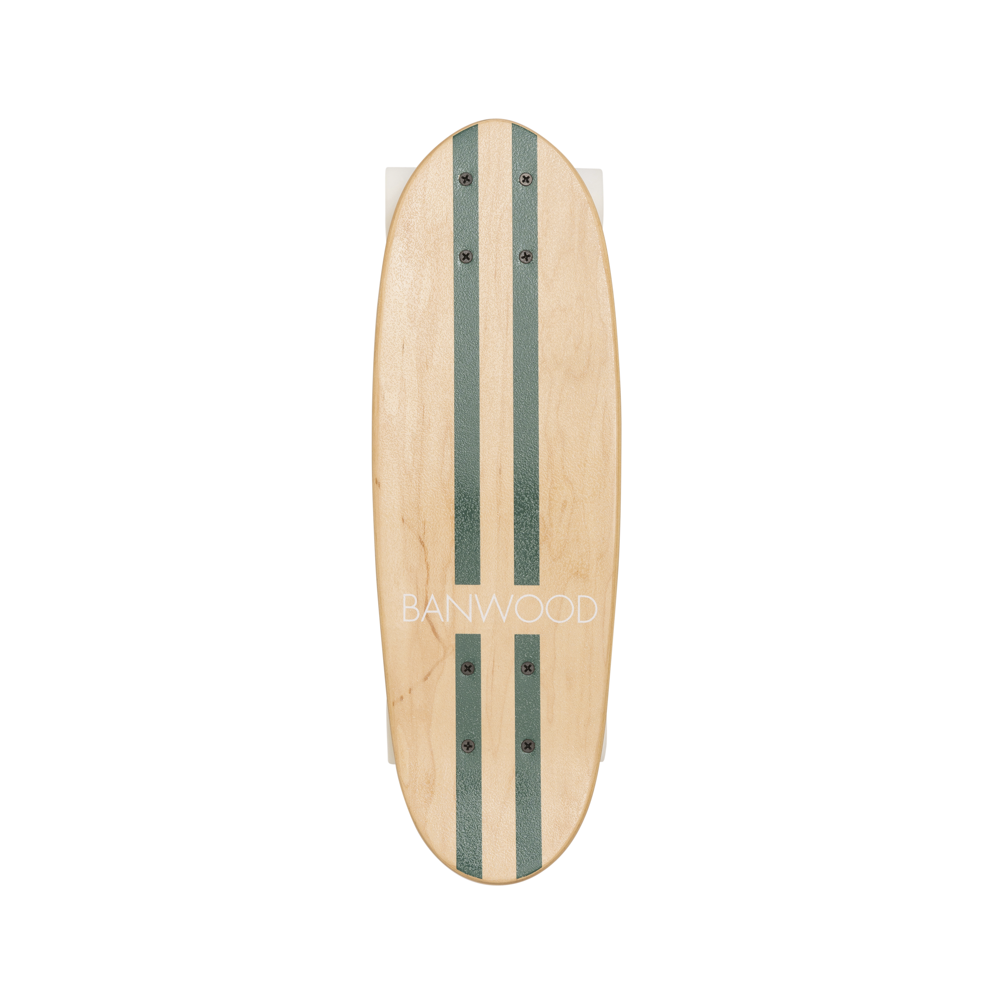 A top-down view of the Banwood - Skateboard Green, made from Canadian Maple with a natural wood finish, shows two light green stripes and six visible bolts. It includes high rebound wheels and displays the BANWOOD logo in white near the center.