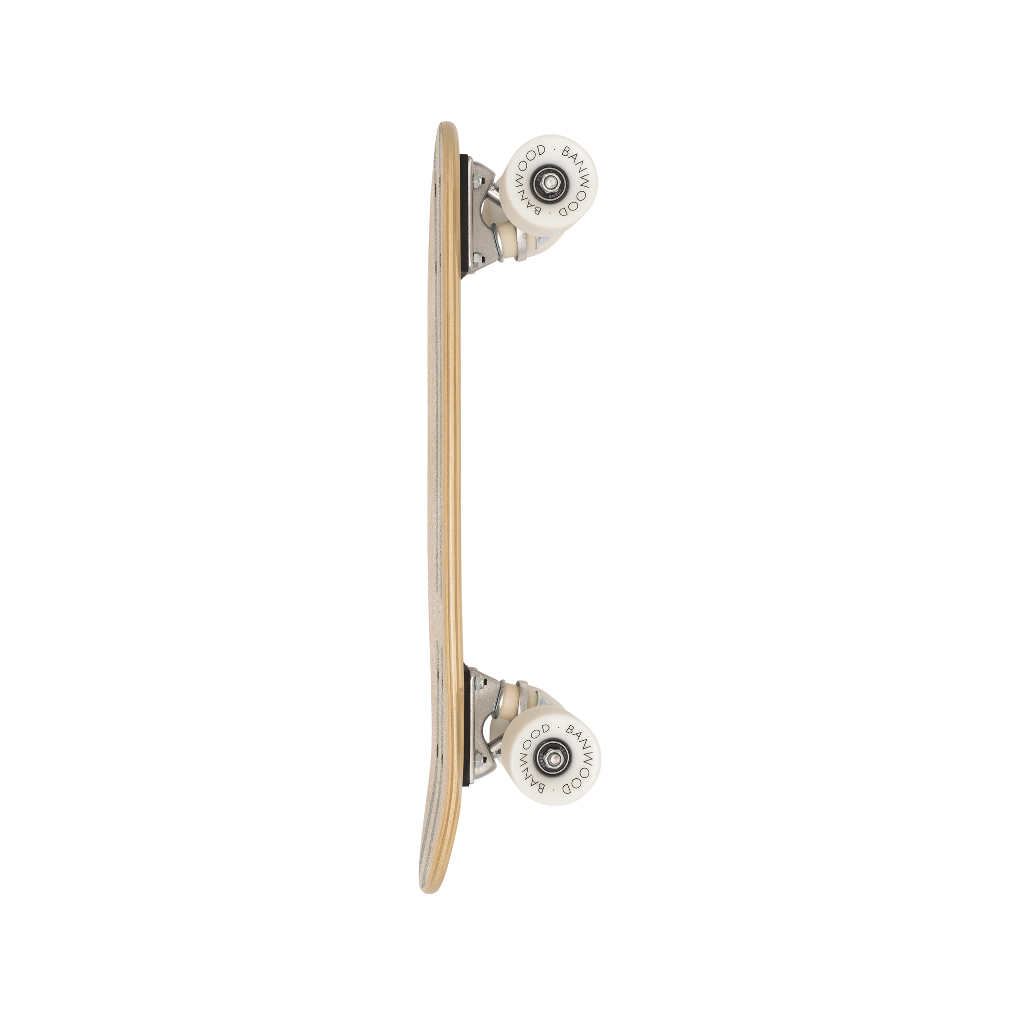 A vertical side view of the Banwood - Skateboard Green by BANWOOD showcases its Canadian Maple deck with visible layers and high rebound wheels featuring brand markings.