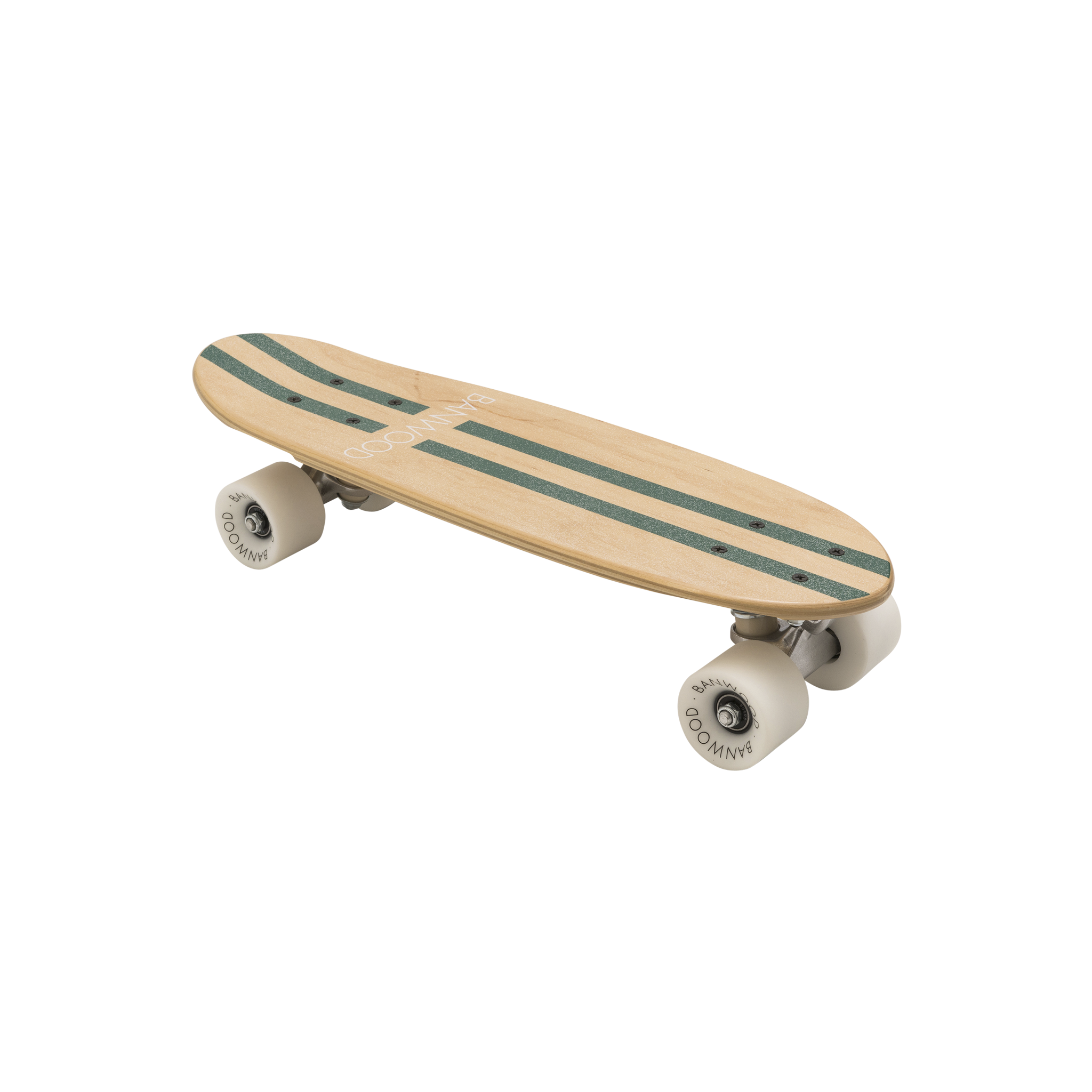 The Banwood - Skateboard Green by BANWOOD is made from Canadian Maple and features two green stripes along the center. It includes high-rebound wheels with "Olow" printed in black, enhancing performance while showcasing the natural wood texture.