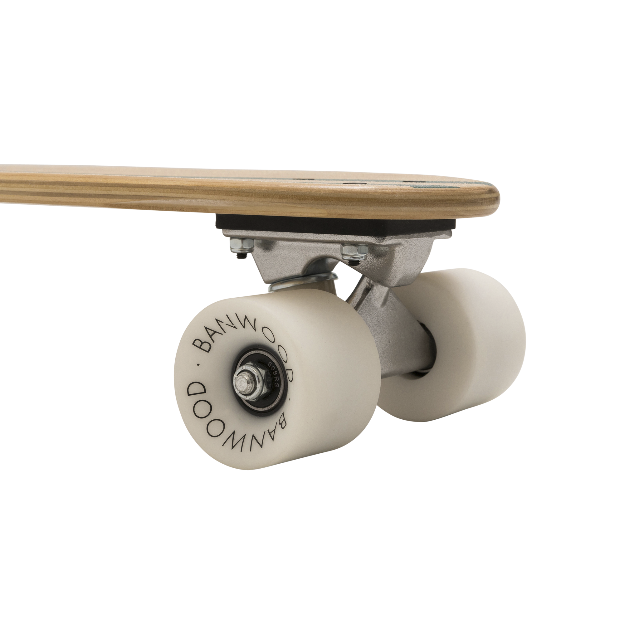 The side view of the Banwood - Skateboard Green reveals a Canadian Maple deck with a high rebound white wheel marked "BANWOOD." The metal trucks are also visible, showcasing the skateboard's superior construction and style.